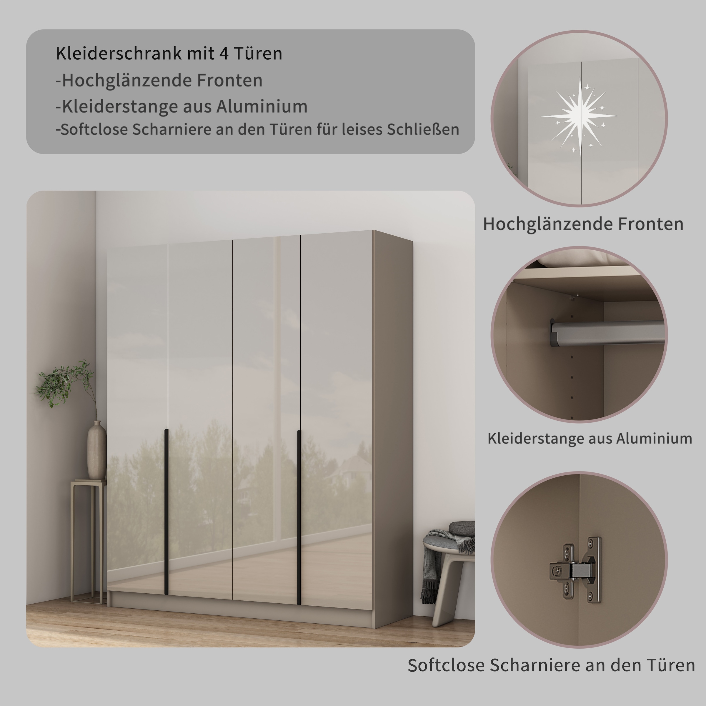OTTO home Kleiderschrank »Annor Schlafzimmerschrank Breite 162cm hochglanz Schrank Garderobe« Drehtürenschrank mit perfekter Innenausstattung - elegante Türgriffe