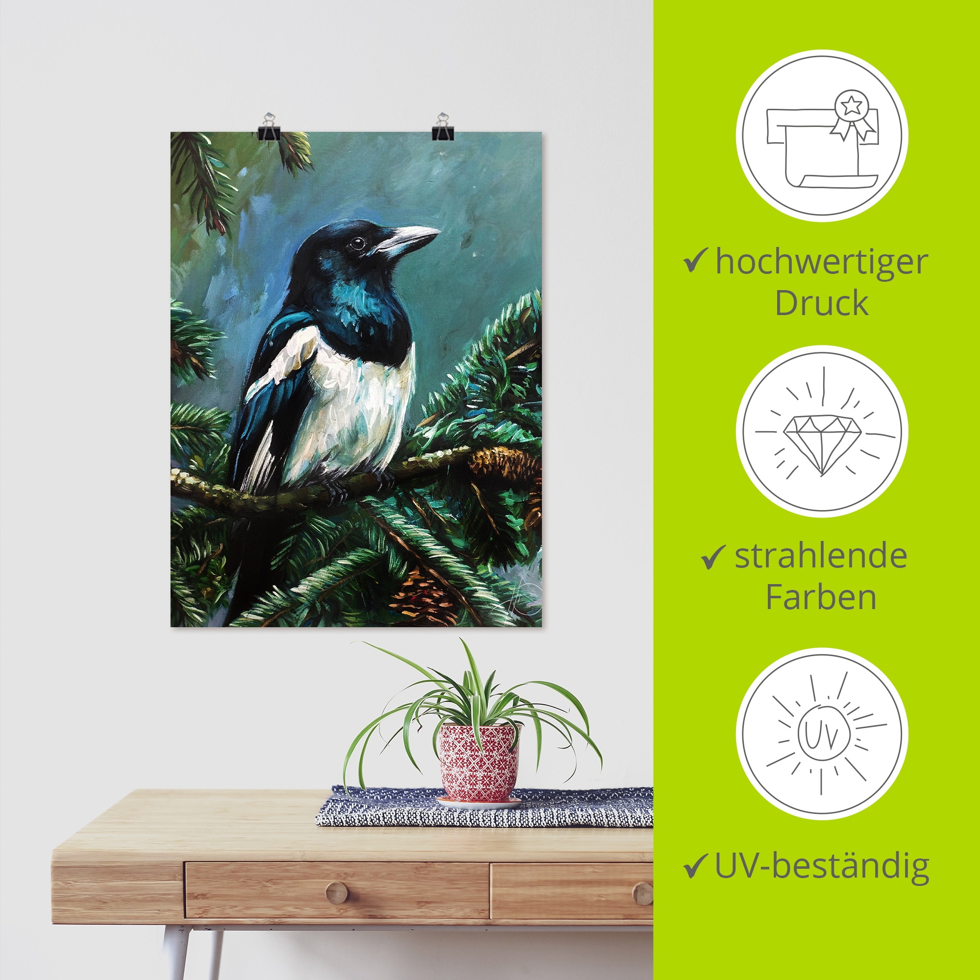 Artland Wandbild »Die Elster im Tann« Vogelbilder 1 Stk. tlg. als Alubild, Leinwandbild, Poster, Wandaufkleber in verschied. Größen