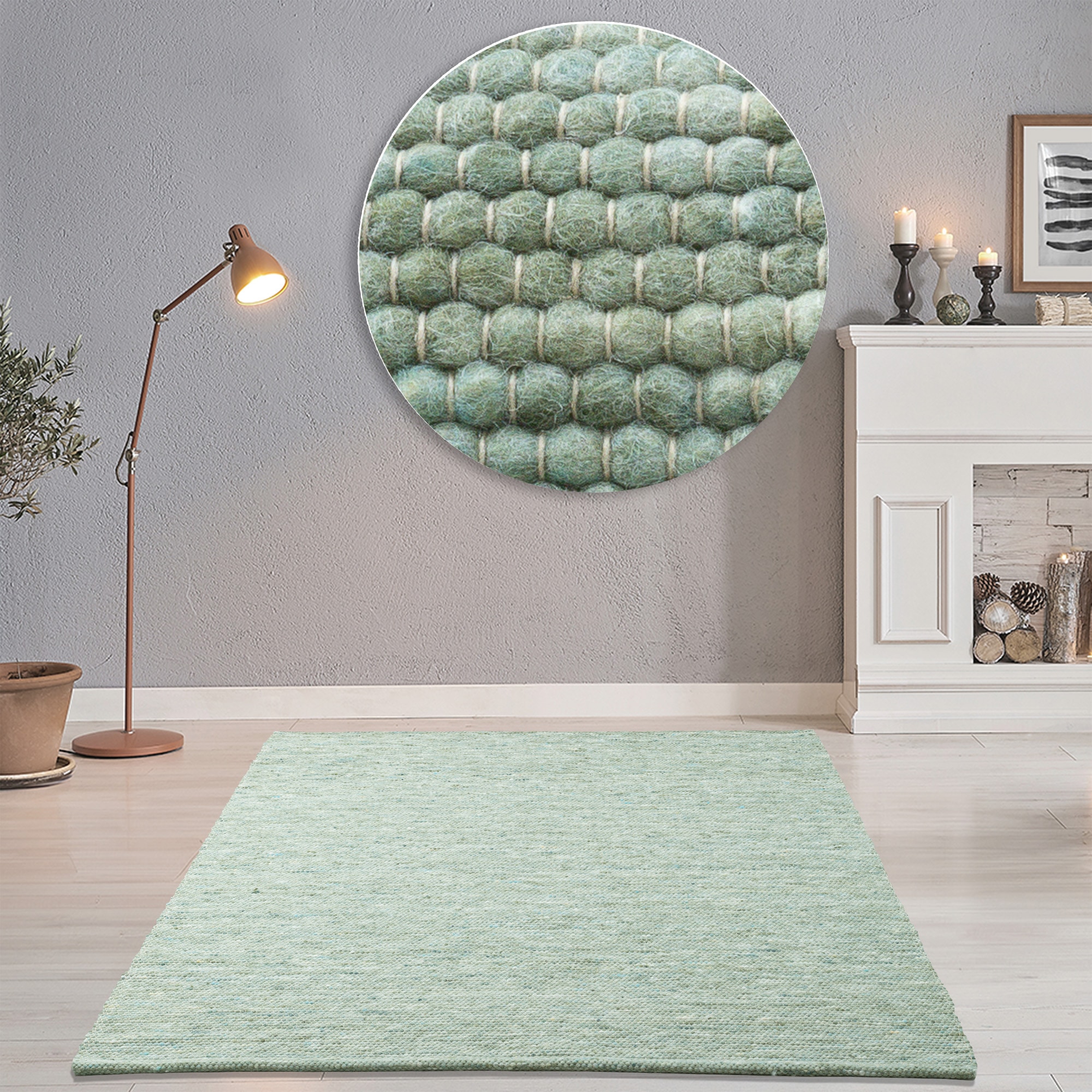Wollteppich THEKO "Alpen", grün, B:40cm H:12mm L:60cm, Schurwolle, Teppiche, handgewebter Wendeteppich, meliert, reine Wolle, Wohnzimmer