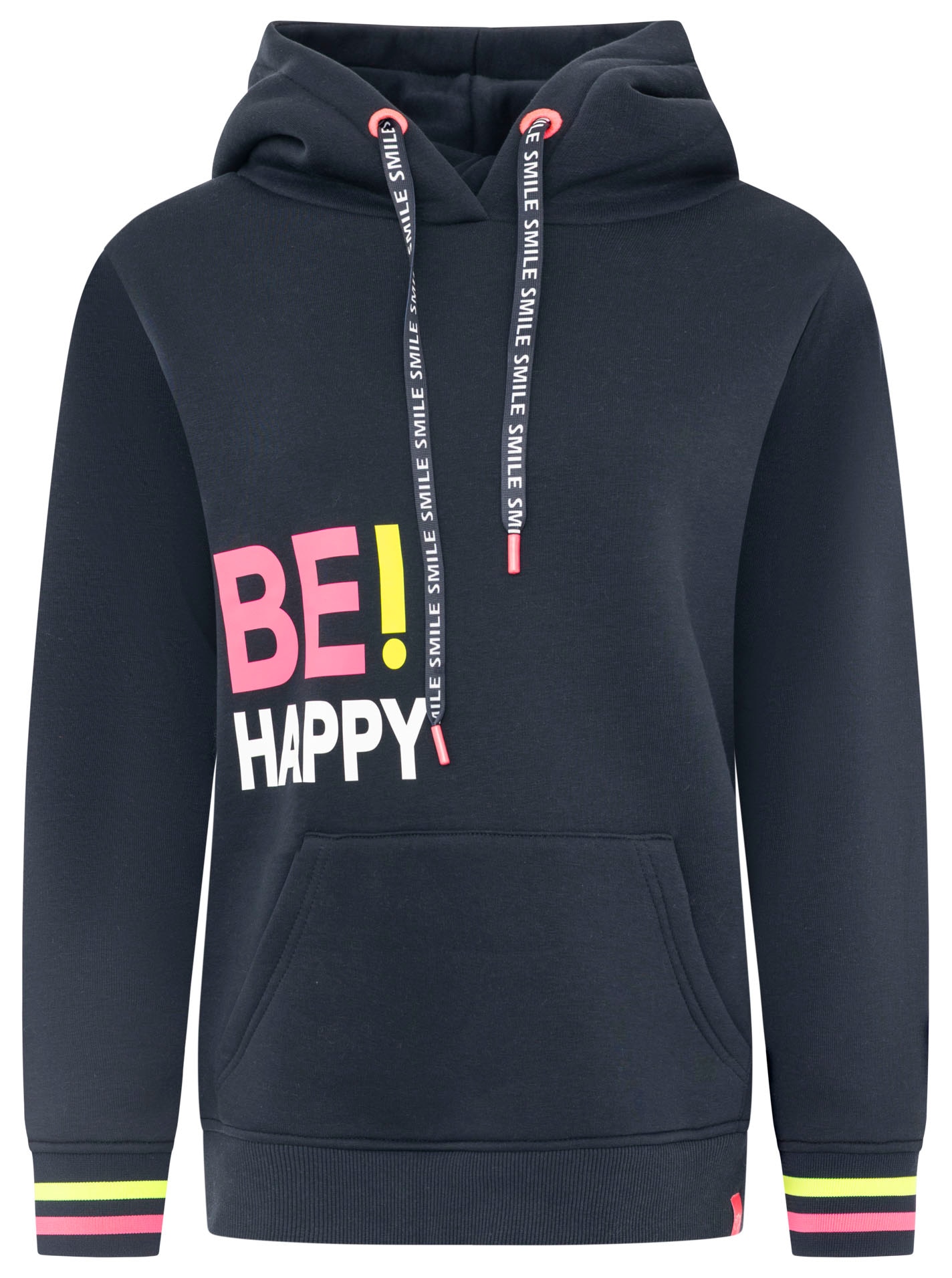 Zwillingsherz Hoodie »"Be Happy!"«, gestreifte Bündchen, Aufdruck auf Brust, Kapuze, Kängurutasche
