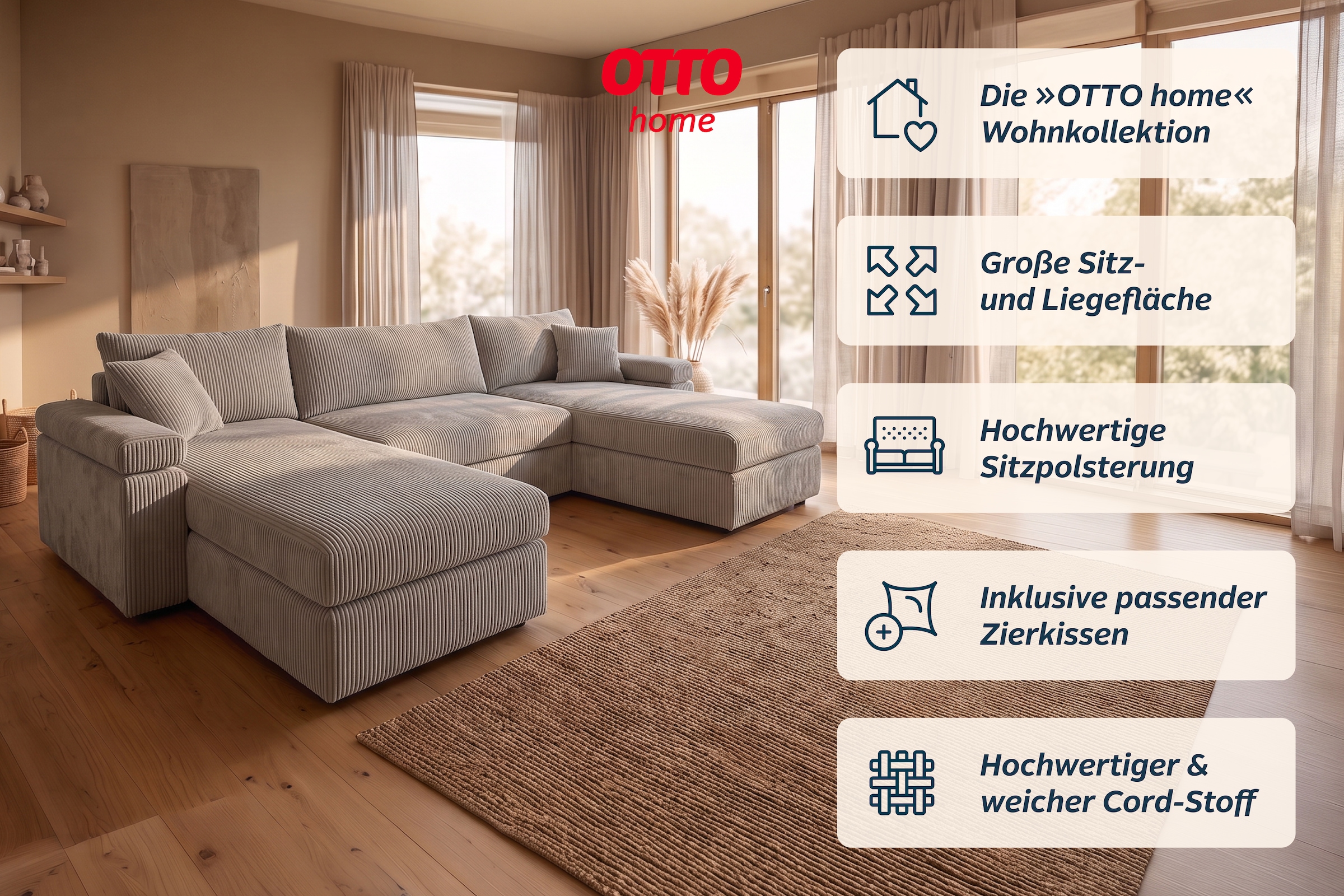 OTTO home Wohnlandschaft »Cosy U-Form, B: 309 cm, XXL-Wohnlandschaft mit Federkern« 2 Zierkissen, Mega-Sofa, Cord oder Struktur weich, Kaltschaumauflage