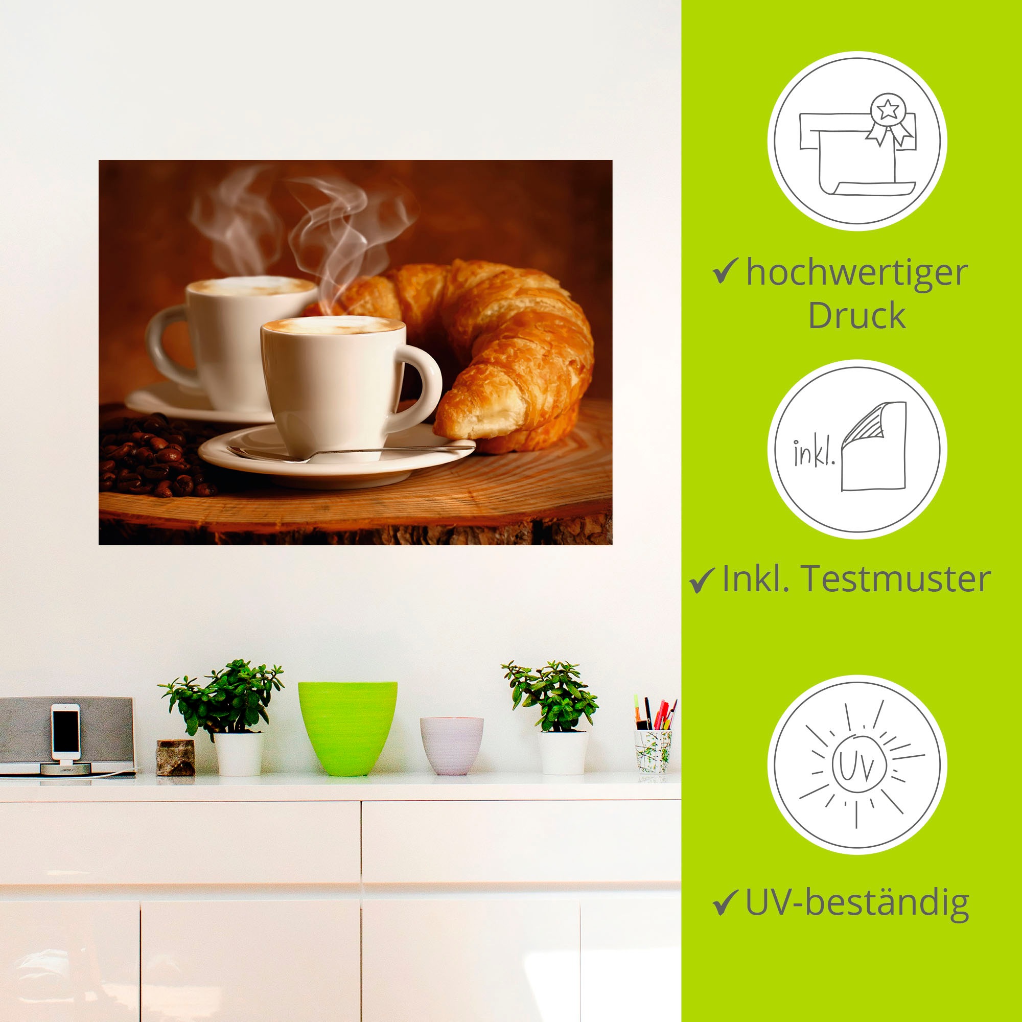 Artland Wandbild »Dampfender Cappuccino und Croissant«, Getränke, (1 St.), als Leinwandbild, Poster, Wandaufkleber in verschied. Größen