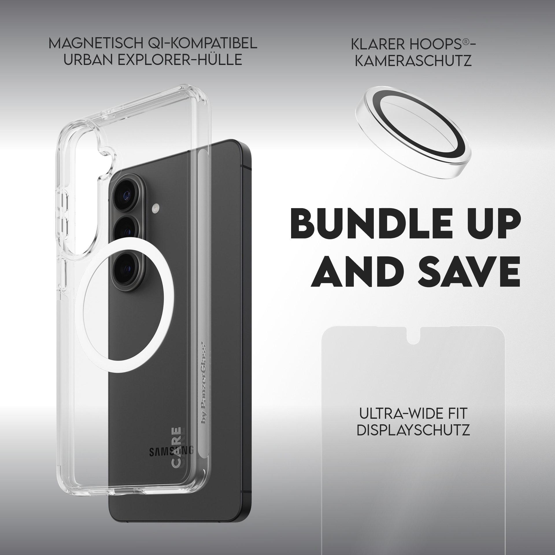 CARE by PanzerGlass Displayschutzglas »3-in-1 Protection Explorer Bundle« für Samsung Galaxy S26 Displayschutzfolie, Schutzfolie, Bildschirmschutz, kratz- & stoßfest