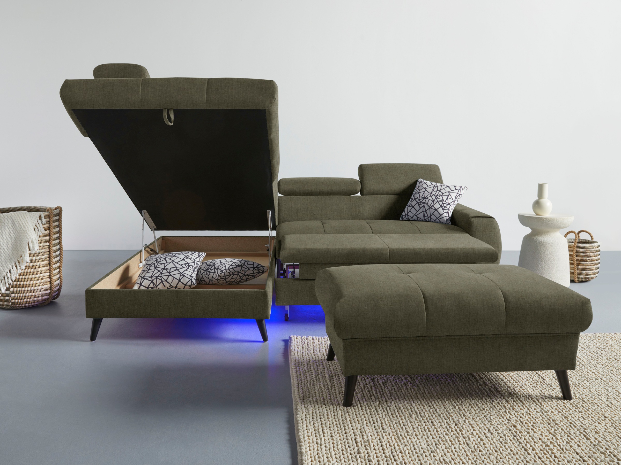 COTTA Ecksofa »Mia L-Form mit 3 Zierkissen«, wahlweise mit Bettfunktion, Bettkasten, Beleuchtung & Wireless-Charger