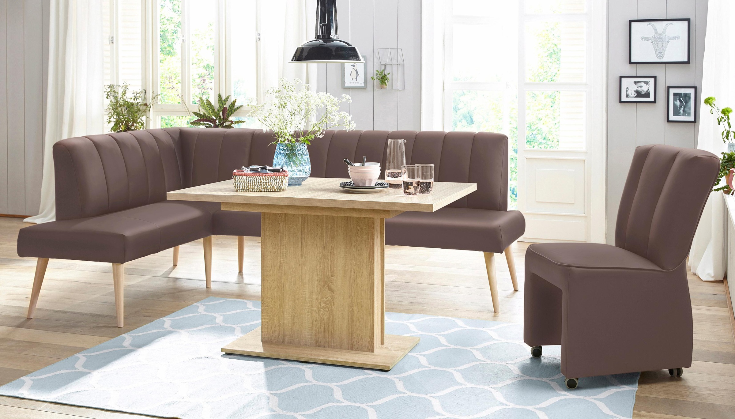 exxpo - sofa fashion Eckbank »Costa, moderne Rückensteppung, bequem und elegant, hoher Holzfuß«, hochwertig verarbeitet, Frei im Raum stellbar