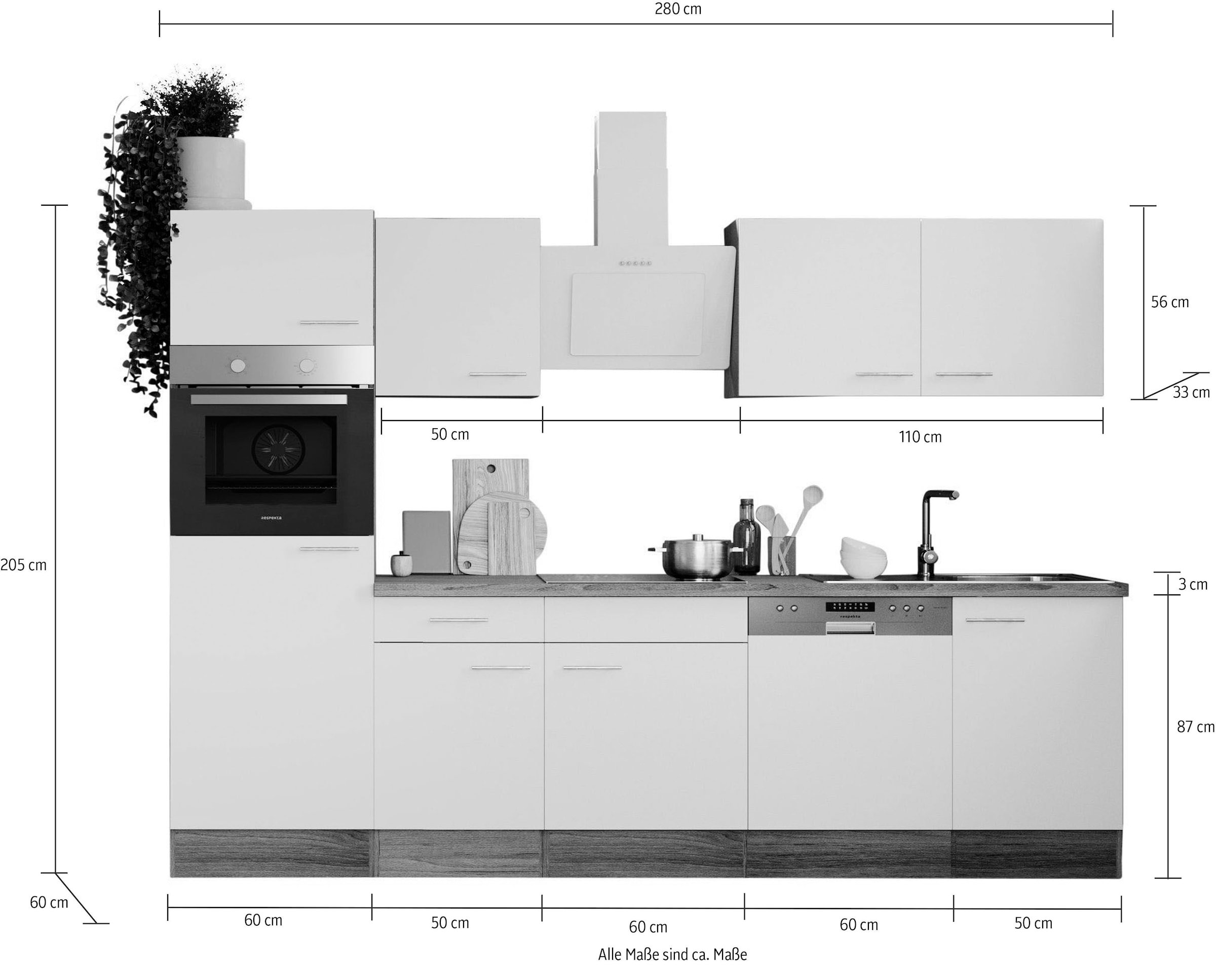 RESPEKTA Küche »Oliver«, Breite 280 cm, wechselseitig aufbaubar