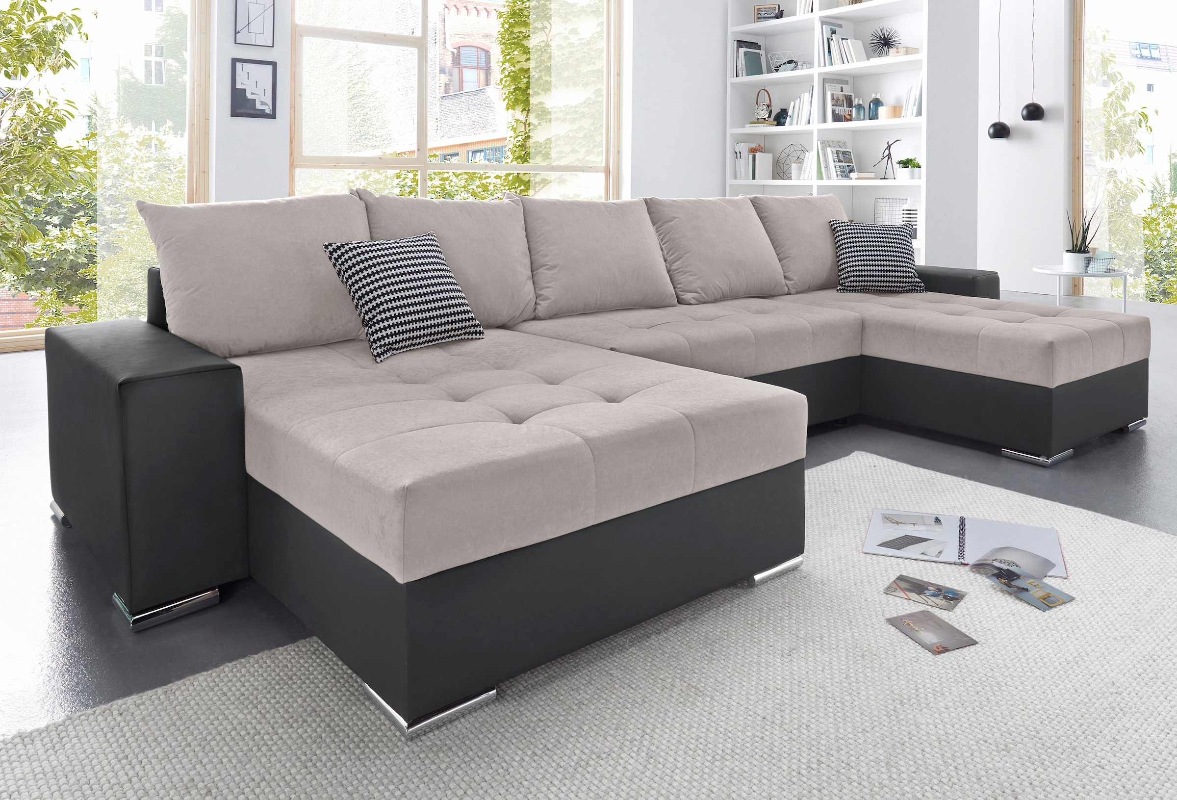 Sofa »XXL-Josy U-Form plotis 333 cm su 2 Recamieren 77 & 97 cm« ir miegojimo funkcija Dėžutė patalynei su 5 gleich dydžiai Dekoratyvinės pagalvėlės
