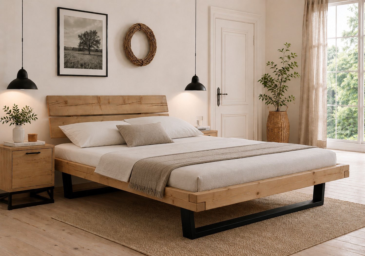 OTTO home "Ultima Balkenbett Doppelbett, Füße Metallkufe" hohe Belastbarkeit: 200kg je Seite, FSC-zertifizierte Wildeiche oder Fichte, viele Breiten zur Auswahl