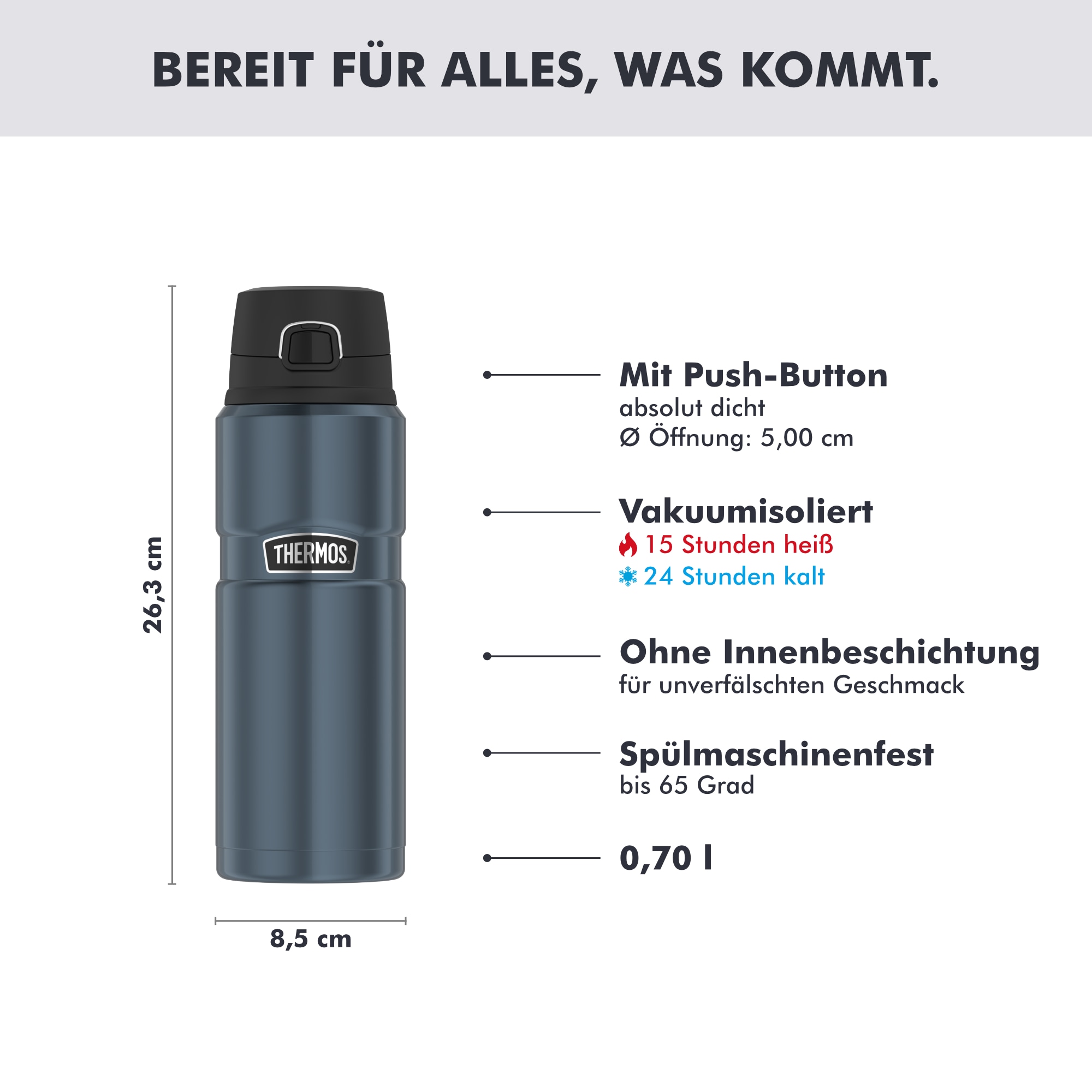 THERMOS Isolierflasche »STAINLESS KING BOTTLE, doppelwandiger Edelstahl« 0,7l, 15h heiß & 24h kalt, Safe Flow Lid mit Push Button