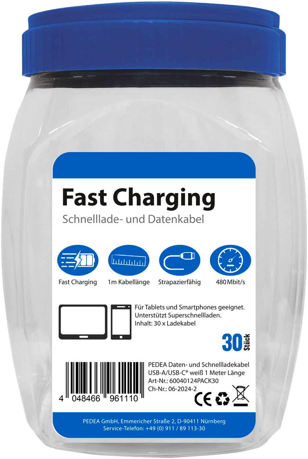 PEDEA USB-Kabel »Daten- und Schnellladekabel 30er Box USB-A/C«, USB Typ A-USB Typ C, 100,00 cm