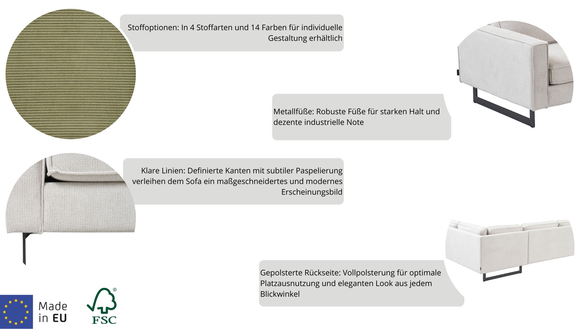 Places of Style 2-Sitzer »Pinto«, mit Keder, Metallfüßen und auch in Cord Bezug erhältlich
