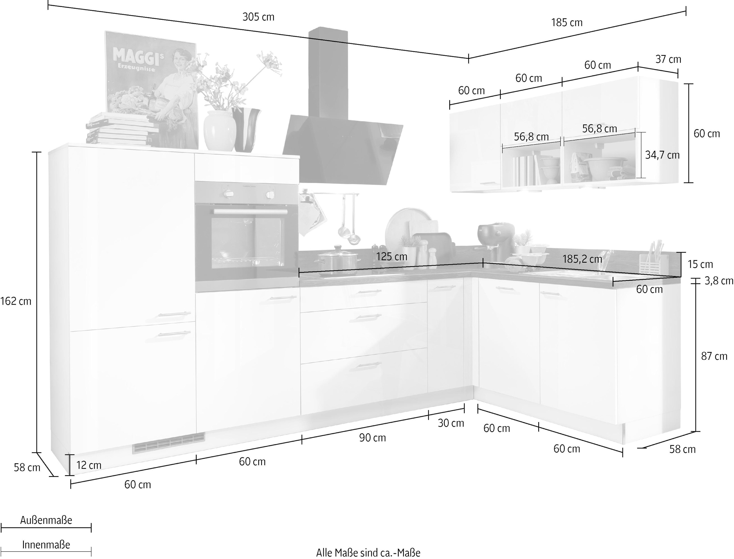 KOCHSTATION Küchenzeile »KS-Scafa, vormontiert, mit höhenverstellbaren Füßen«, vormontiert, wahlweise mit E-Geräten, Stellbreite 305 x 185 cm