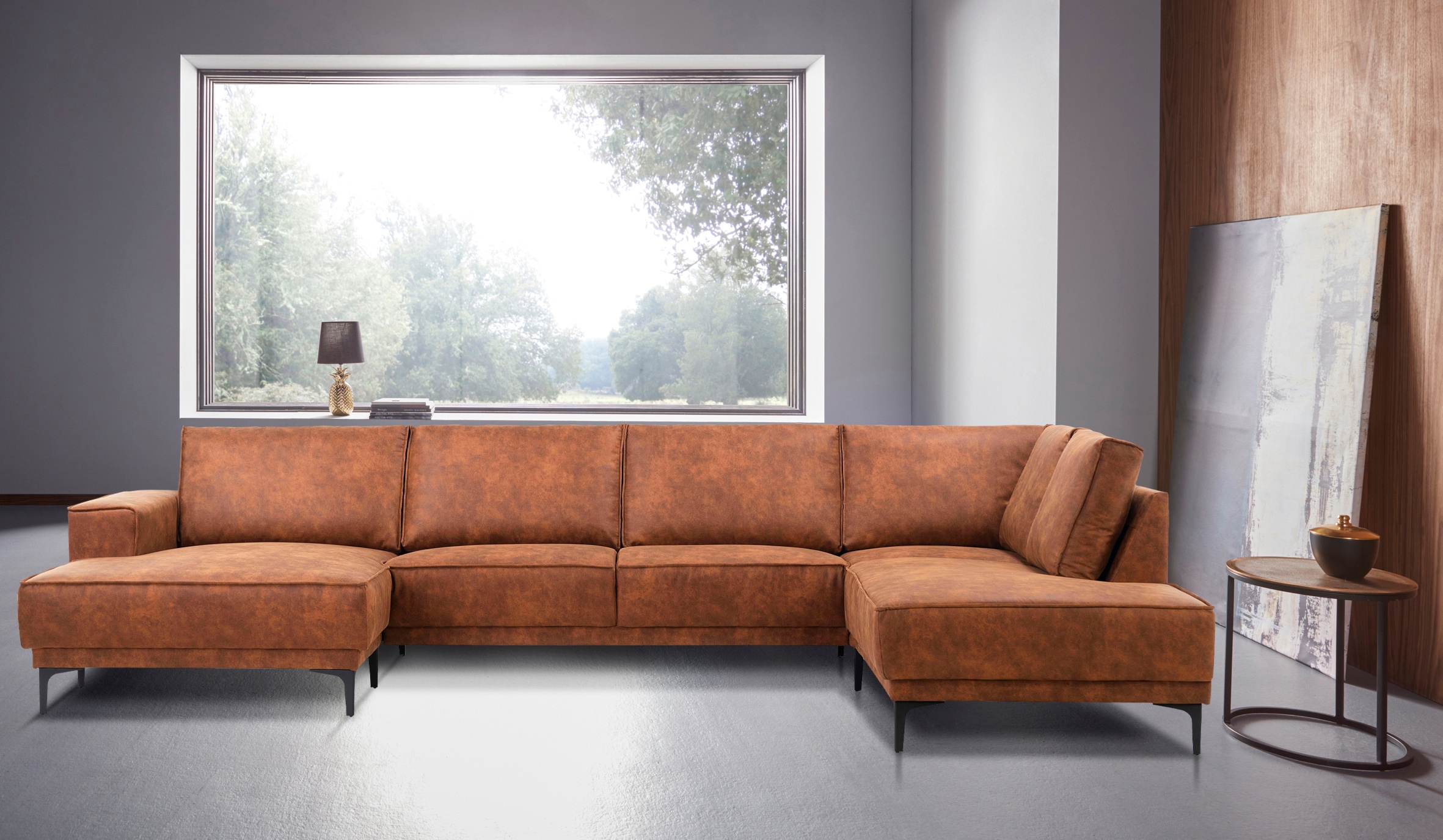 Places of Style Wohnlandschaft »XXL Sofa Oland, Struktur, Flachgewebe, Luxus-Microfaser, Boucle«, U-Form, 345 cm, Wellenunterfederung, Skandi-Design, Metallfüße