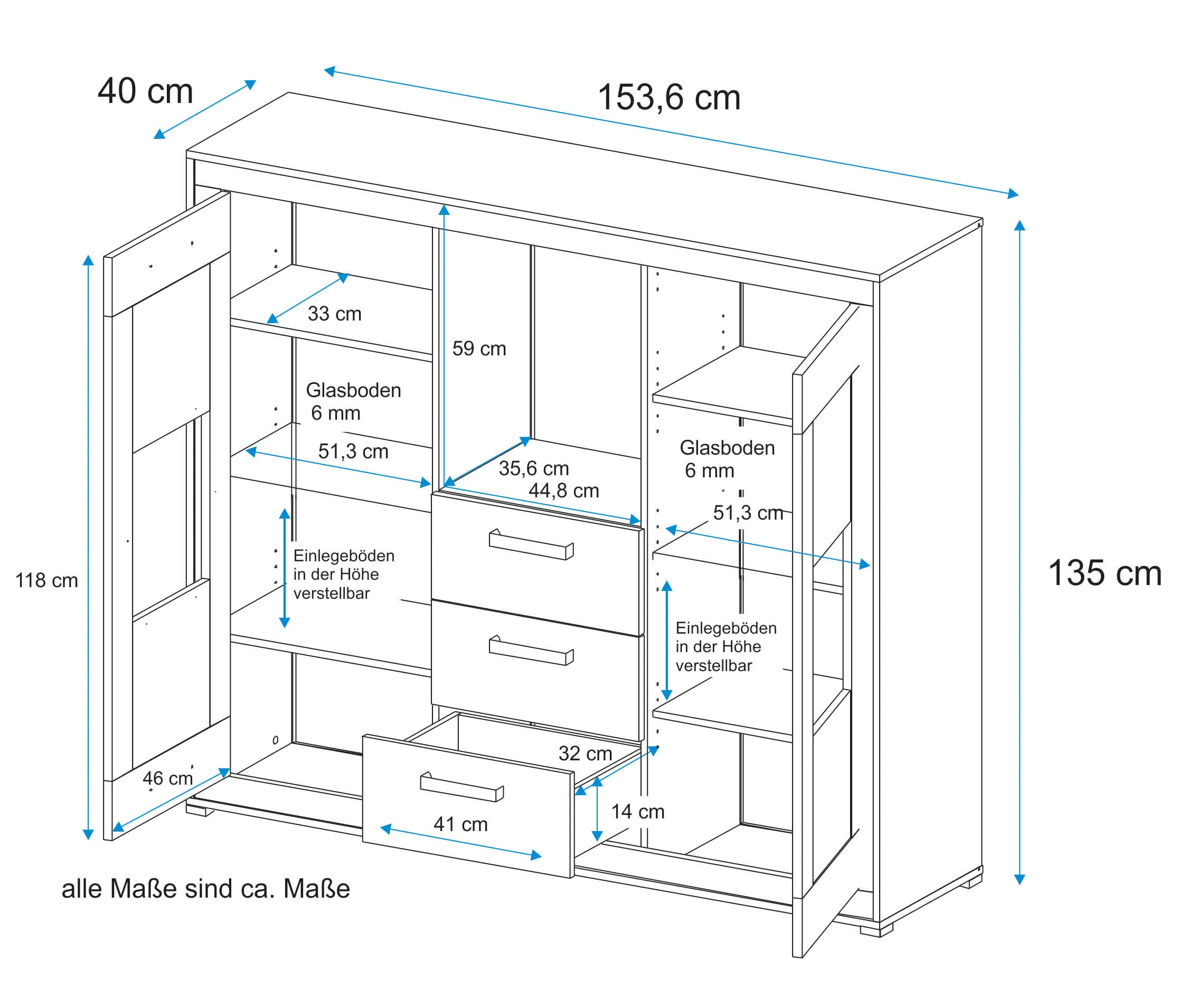 VOGL Möbelfabrik Highboard, Breite 154 cm