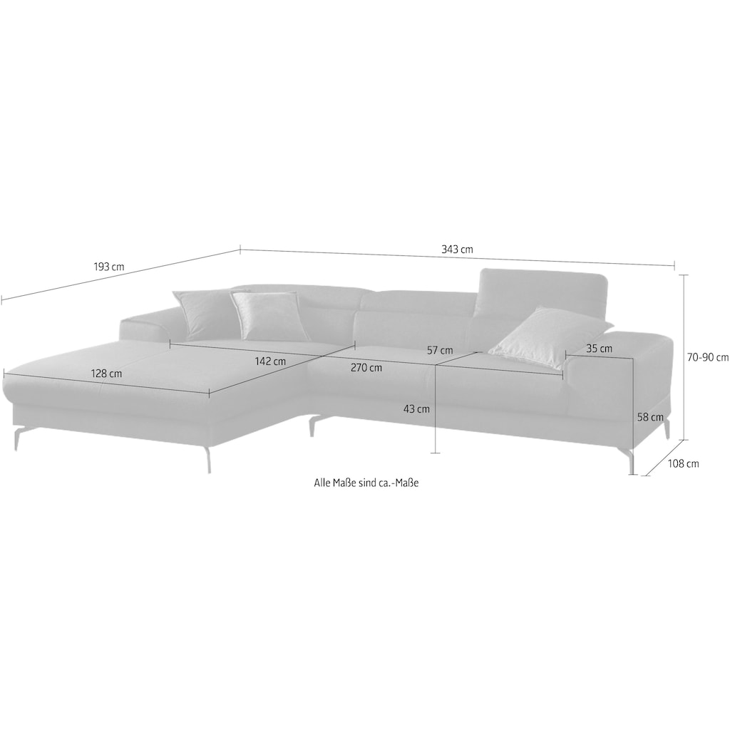 W.SCHILLIG Ecksofa »piedroo«, Kopfteilverstellung, wahlweise mit Sitztiefenverstellung, Breite 343cm