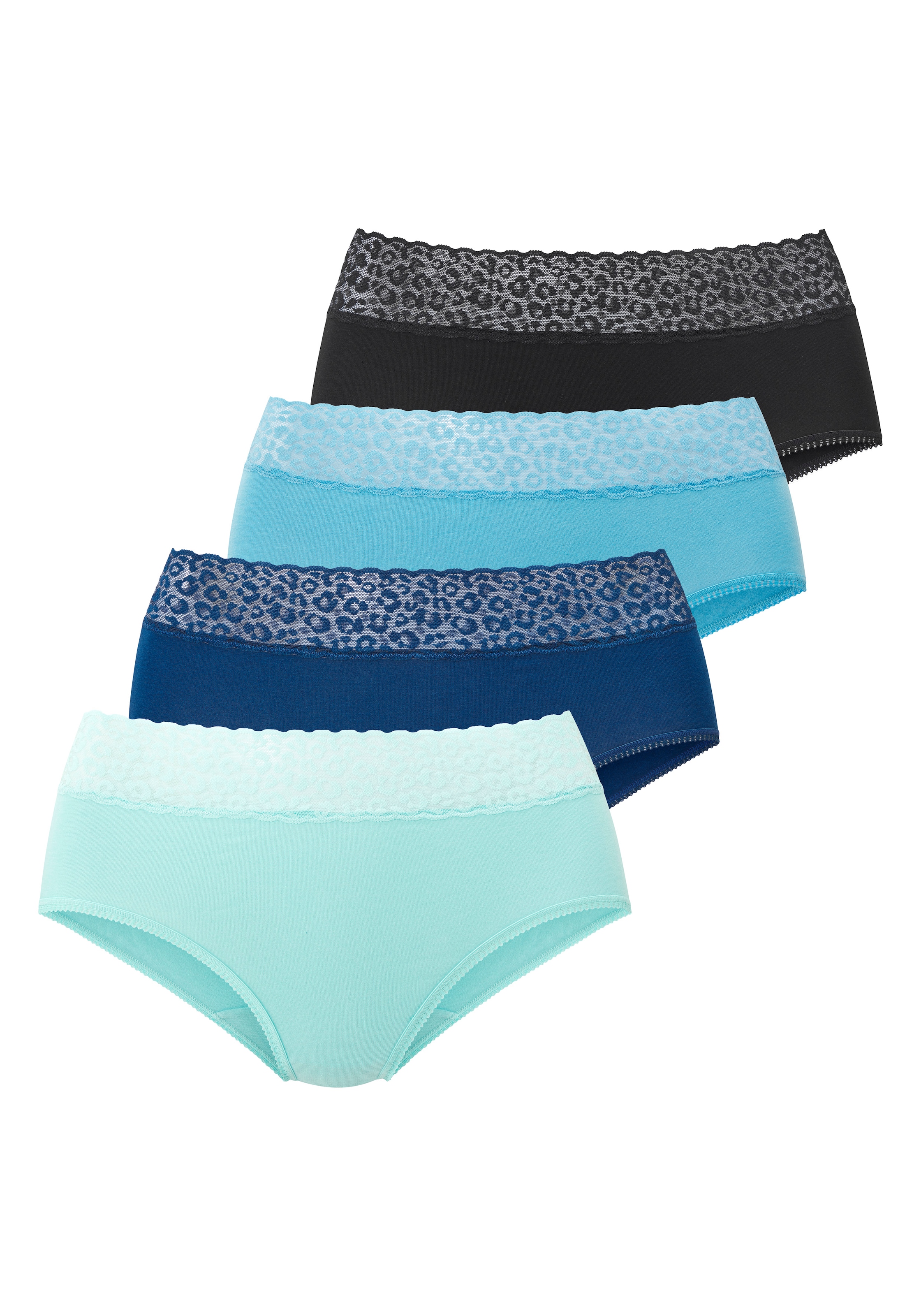 LASCANA Taillenslip 4er Pack, aus elastischer Baumwolle mit Leo-Spitze am Bund