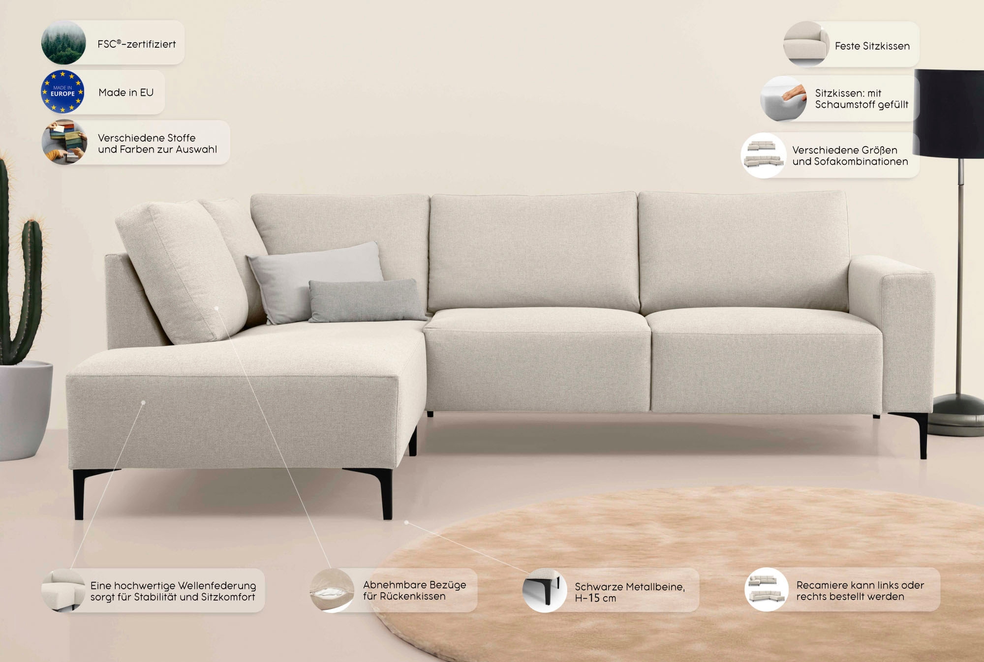Home affaire Ecksofa »Tournon L-Form, Breite 232 cm, Breitcord« Designsofa im nordischen Stil, Wellenunterfederung, Metallfüße