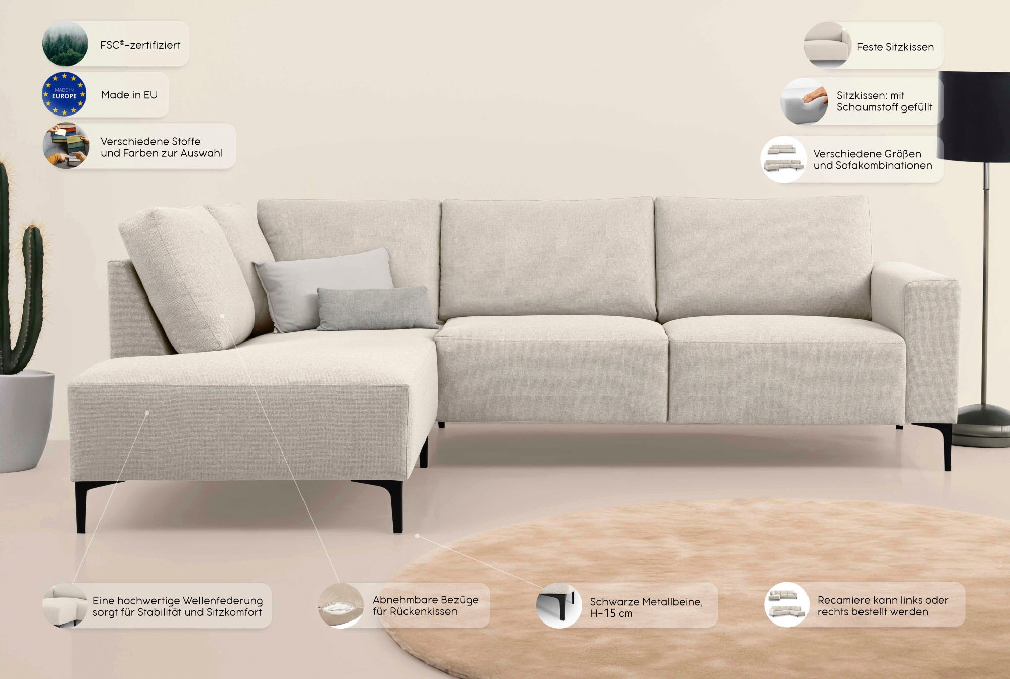 Thumbnail - Home affaire Ecksofa "Tournon L-Form, Breite 232 cm, Breitcord" Designsofa im nordischen Stil, Wellenunterfederung, Meta...