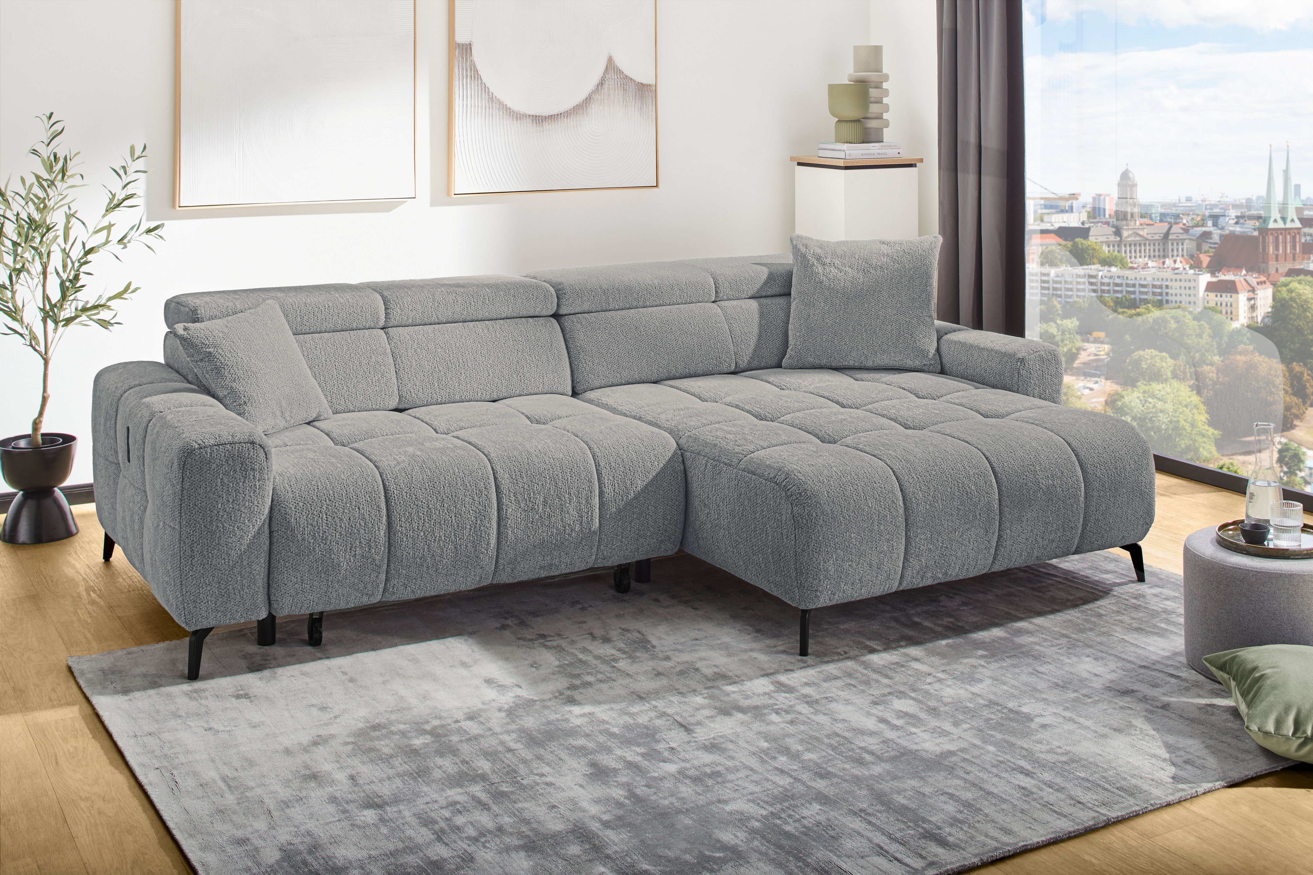 Jockenhöfer Gruppe Ecksofa "Racer L-Form, B: 290 cm, 60 cm elektrische Sitztiefenverstellung" USB-Ports, Kopfstützen verstellbar, Zierkissen, bis 140 kg/Sitz