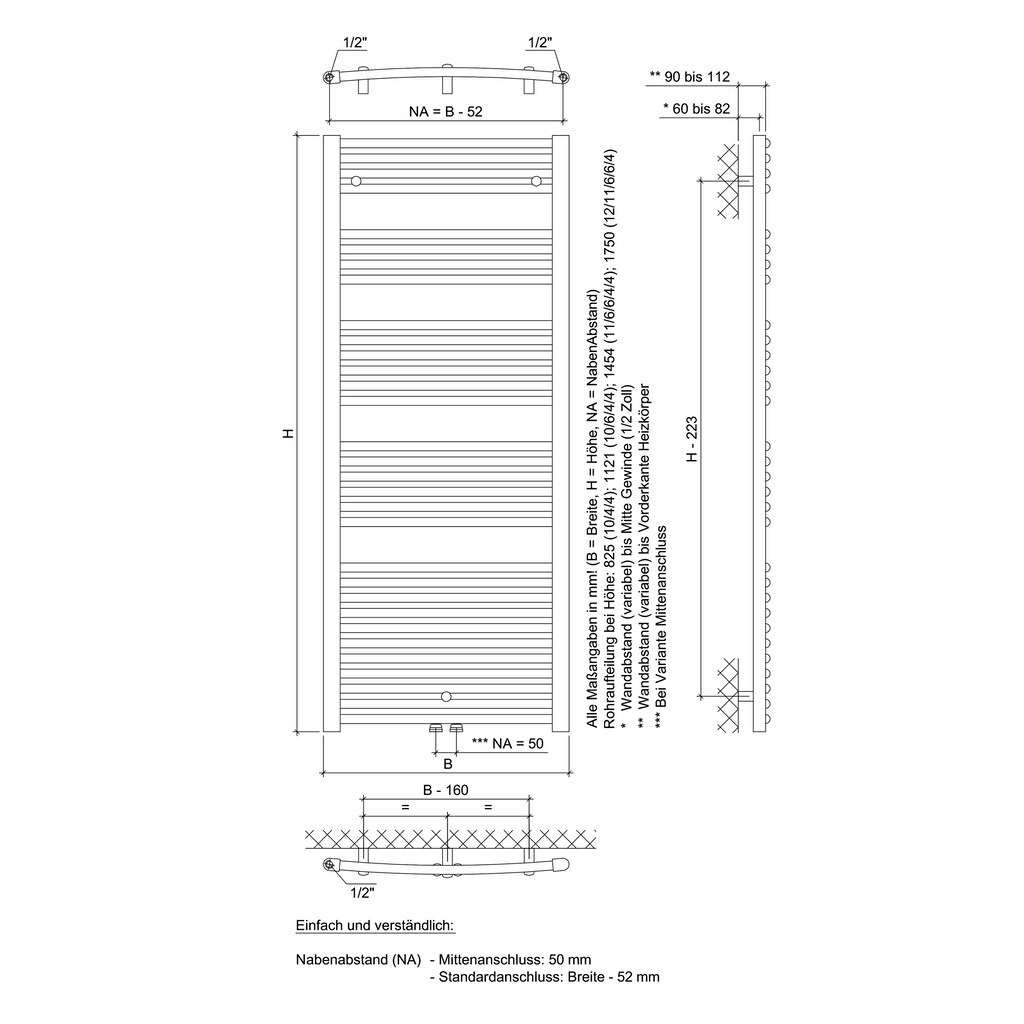 Ximax Badheizkörper »Alpha-C 1750 mm x 700 mm«, 1107 Watt, Mittenanschluss, weiß