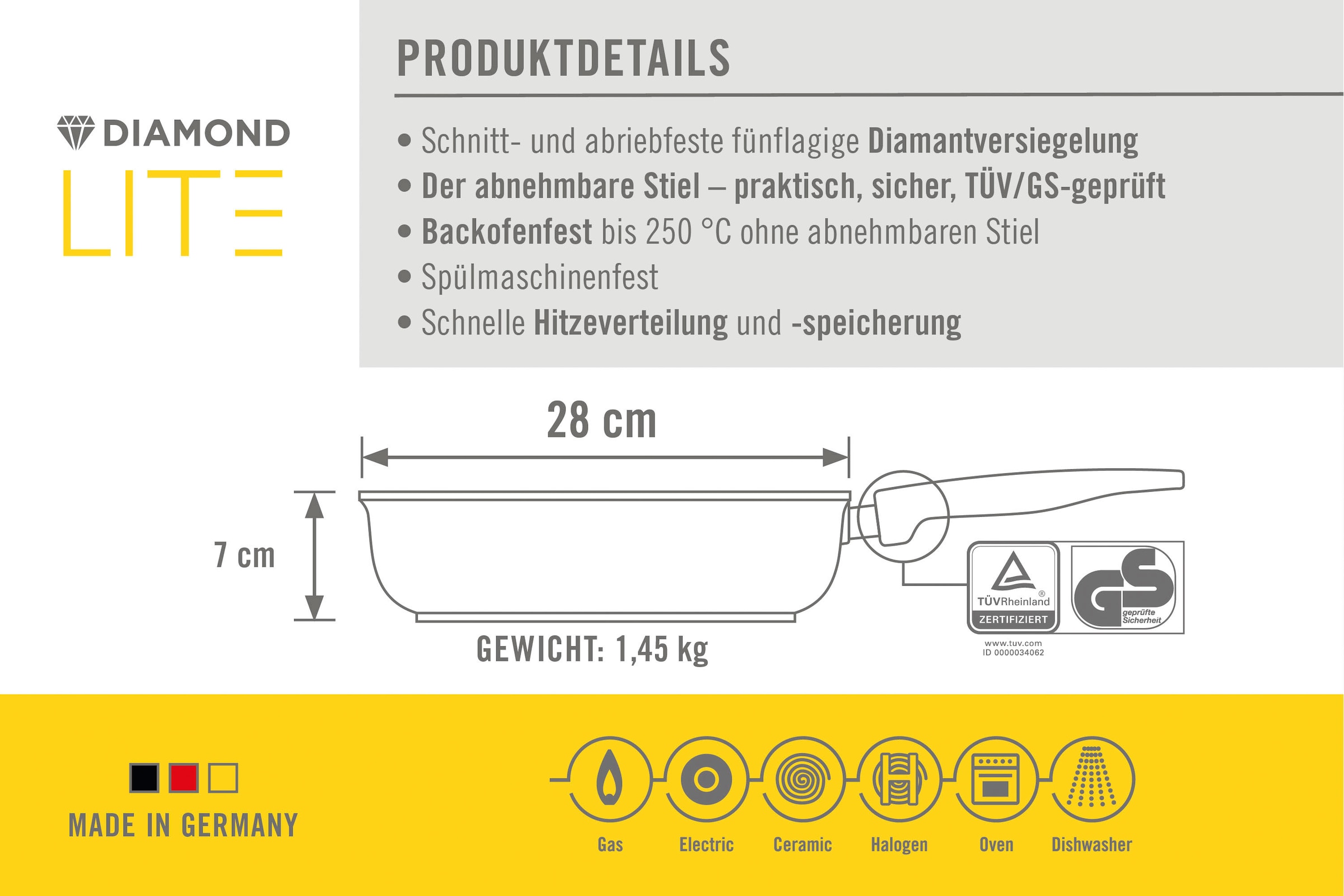WOLL MADE IN GERMANY Schmorpfanne »Diamond Lite«, Aluminium, (Set, 3 tlg.), Induktion, inkl. Pfannenwender, abnehmbarer Stiel, Made in Germany