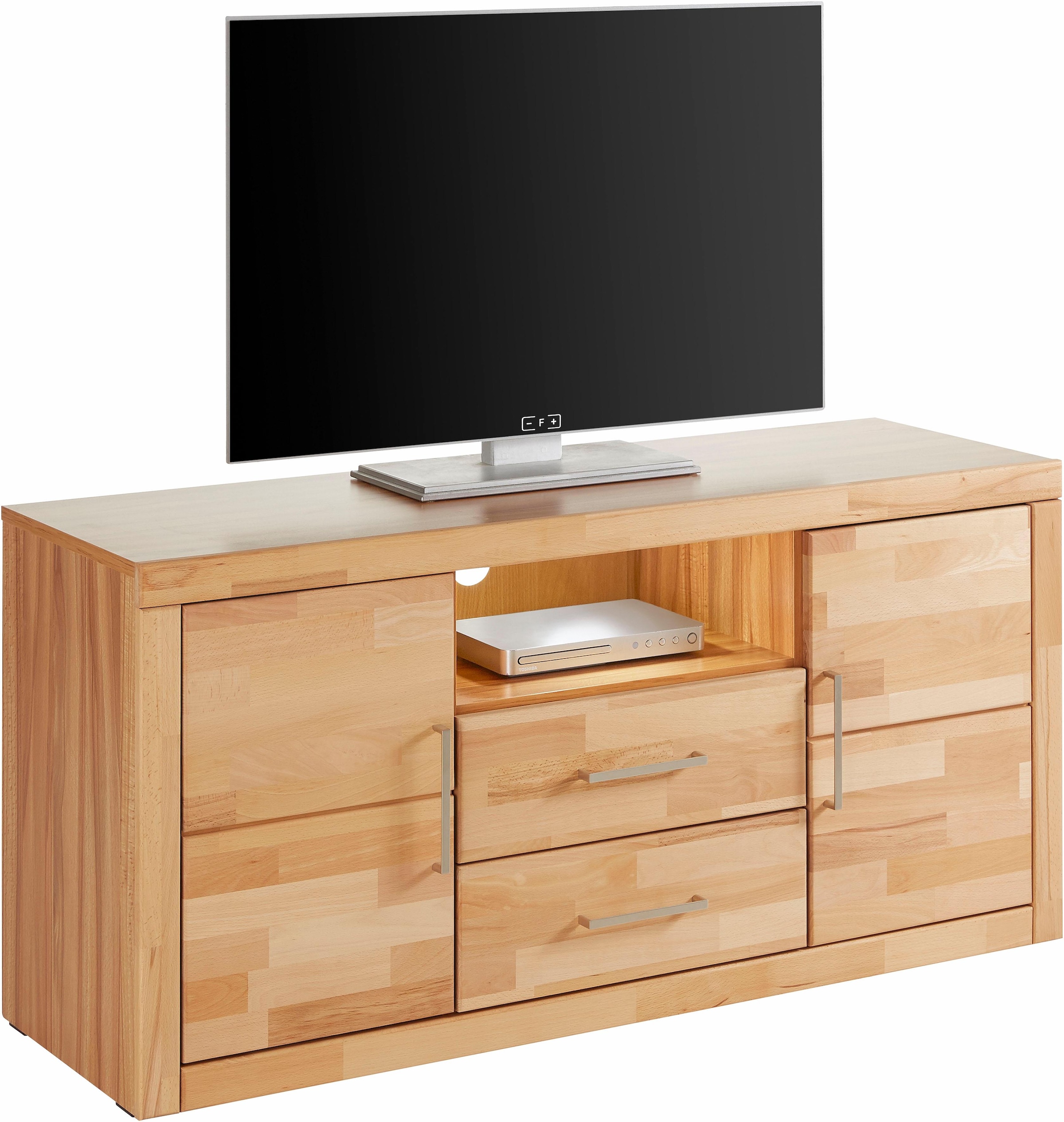 Home affaire Lowboard »Logo,130cm breit, Fronten Massivholz,5 Fächer«, Holz massiv, Holzwerkstoff, Metall Griffe,2 Türen,2 Schubladen