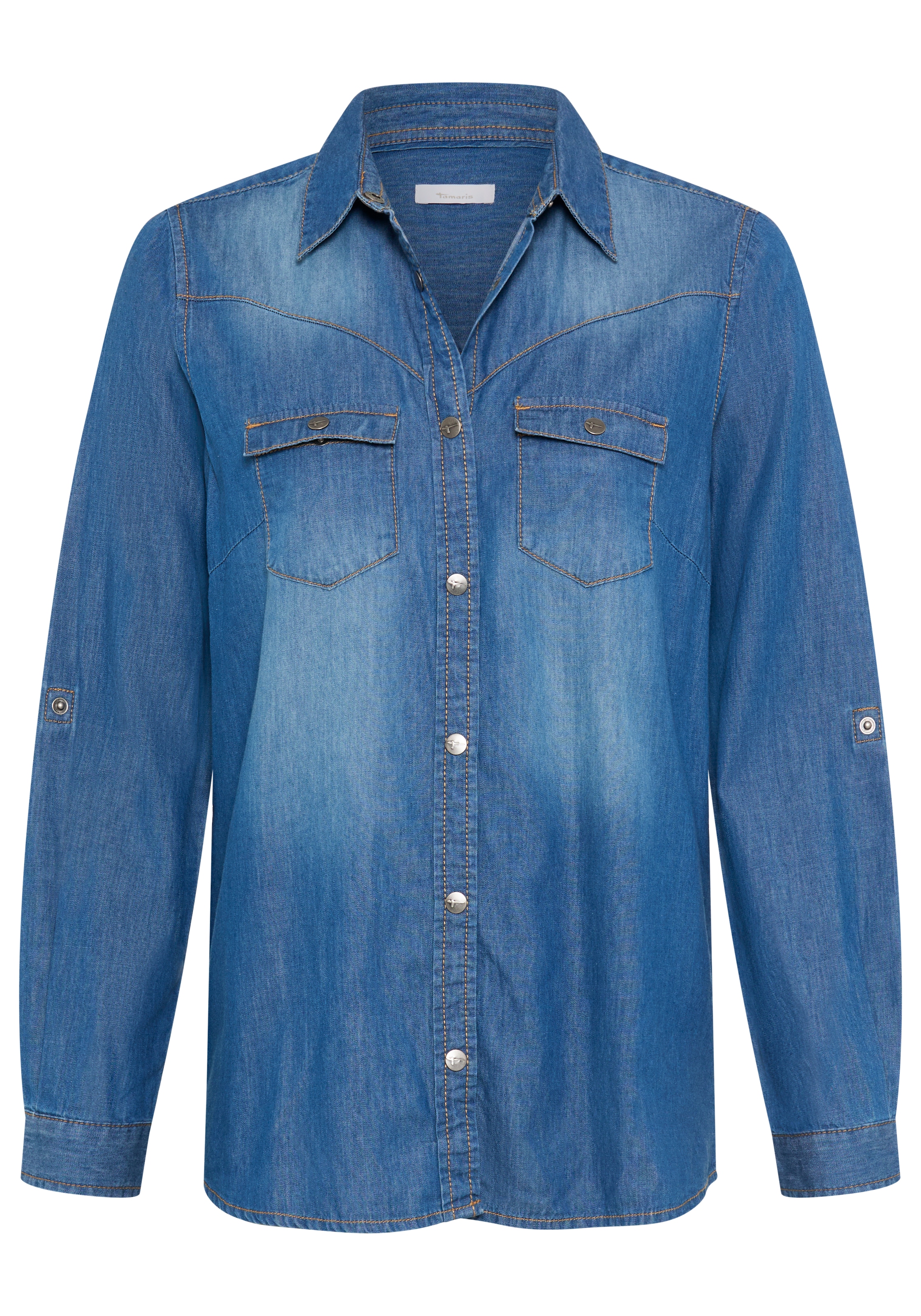 Tamaris Jeansbluse »mit praktischen Details, hohem Tragekomfort« mit Hemdblusenkragen, Regular Fit, unifarben