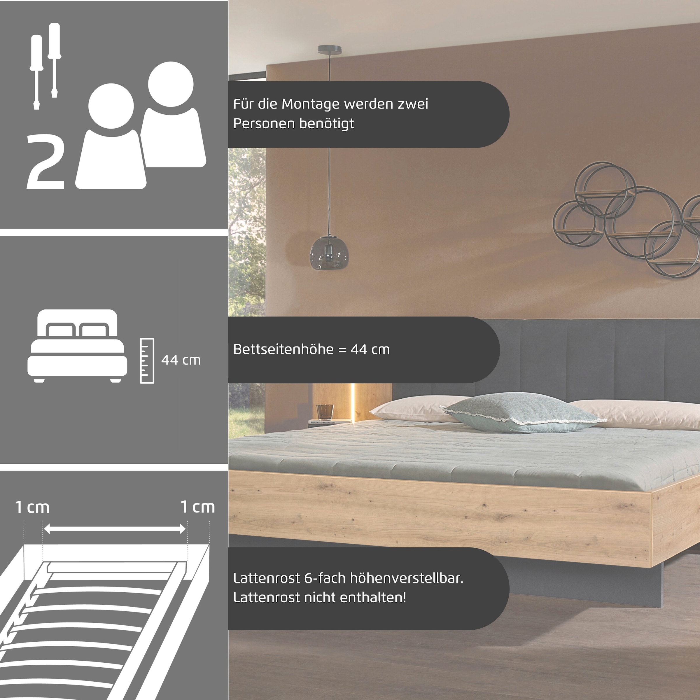 rauch Bettanlage »Bett Doppelbett Komfortbett Funktionsbett APOLLON« Liegefläche 180x200, optional mit Bettbank und Stauraum, 3 tlg. tlg. Polster-Kopfteil in Lederoptik black, mit Beleuchtung MADE IN GERMANY