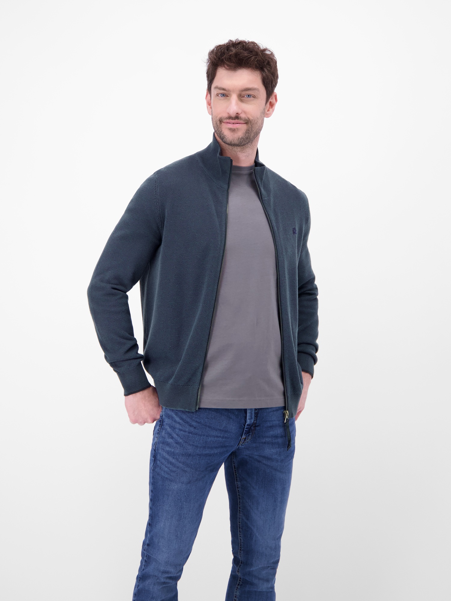 Strickjacke LERROS "Strickjacke mit Stehkragen in 2-Tone-Optik", Herren, Gr. XXL, classic navy, 100% Baumwolle, Strickjacken Strickjacke 3