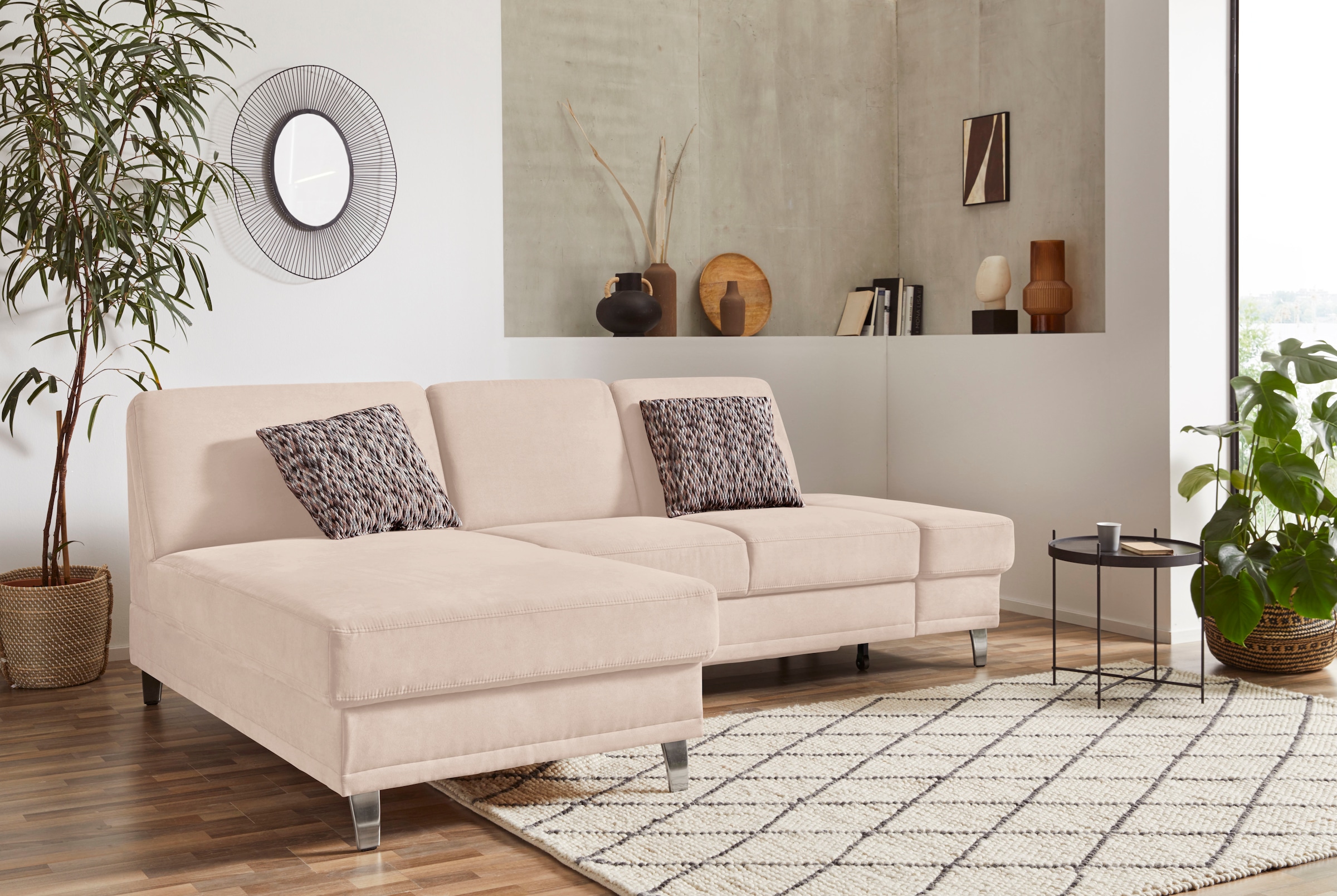 Ecksofa 1, B:246cm H:89cm T:165cm, beige, Wohnzimmer, Sofas, "Clio L-Form", wahlweise mit Bettfunktion oder Vorziehsitz und Bettkasten, Federkern