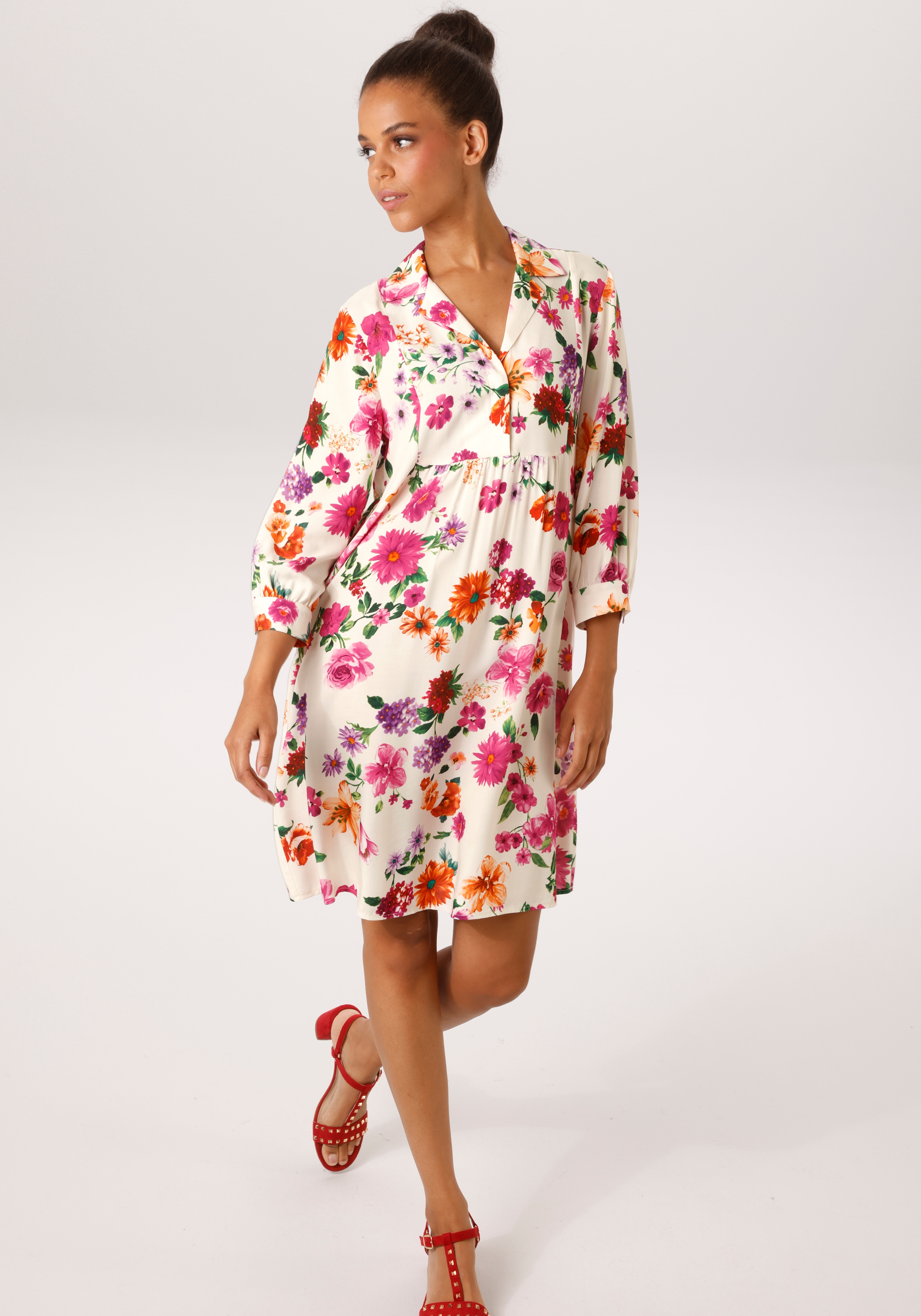 Aniston CASUAL Hemdblusenkleid mit romantischen Blumendruck - jedes Teil ein Unikat