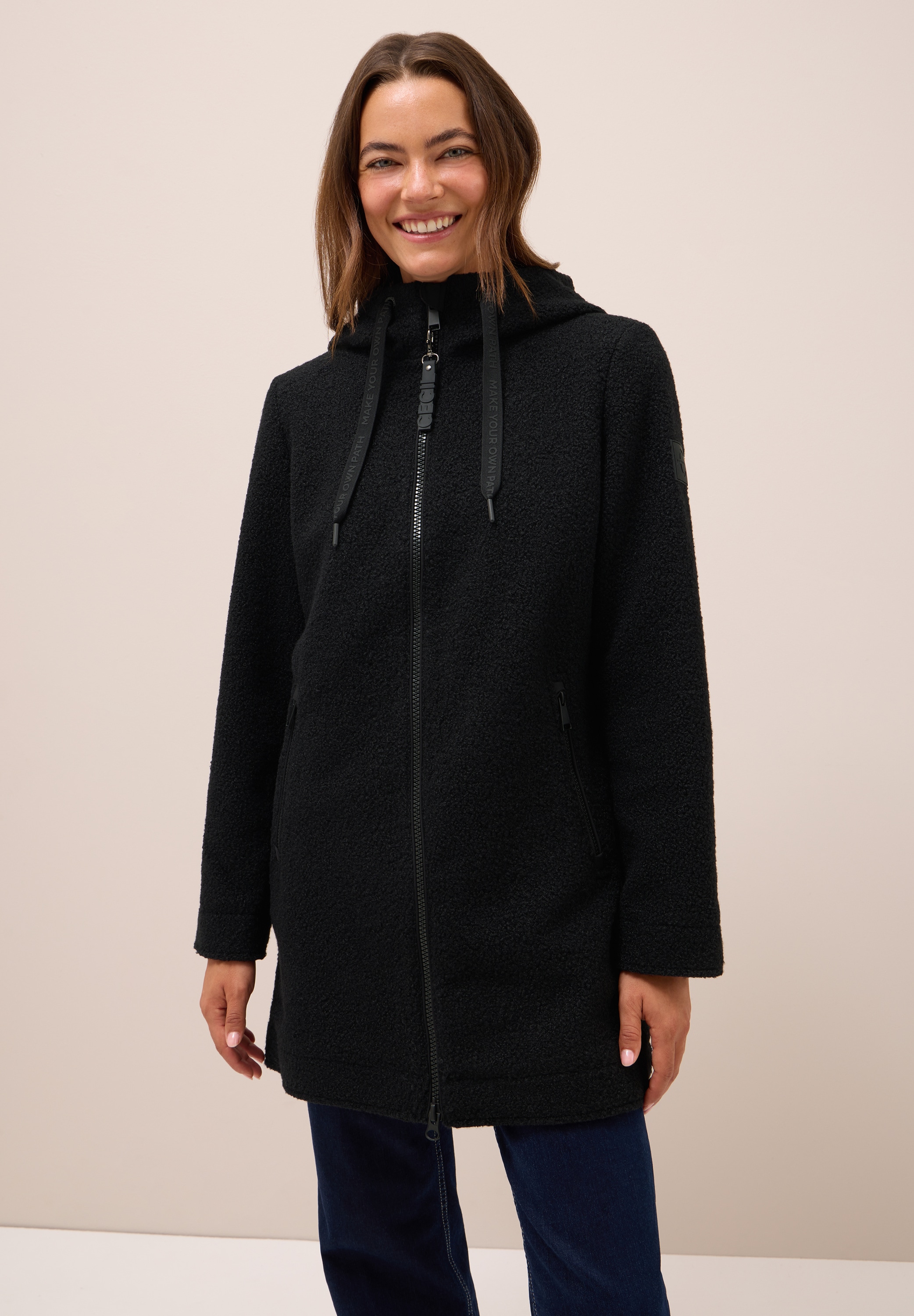 Cecil Fellimitatmantel mit Kapuze mit Tunnelzugband