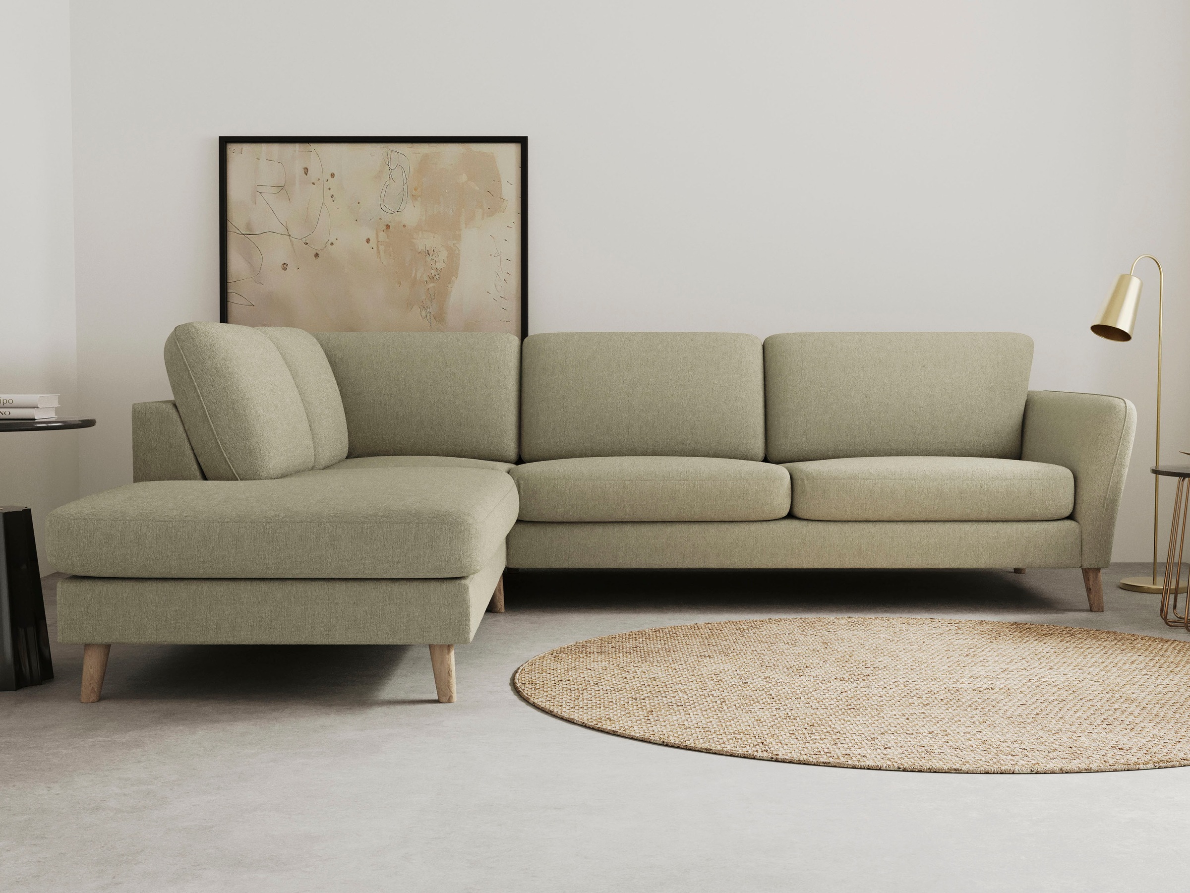 OTTO home Ecksofa "MARSEILLE 278/202 cm, L-Form, Ottom. rechts/links, verschiedene Bezüge" Massivholzbeine Eiche, Landhausstil, Wellenunterfederung