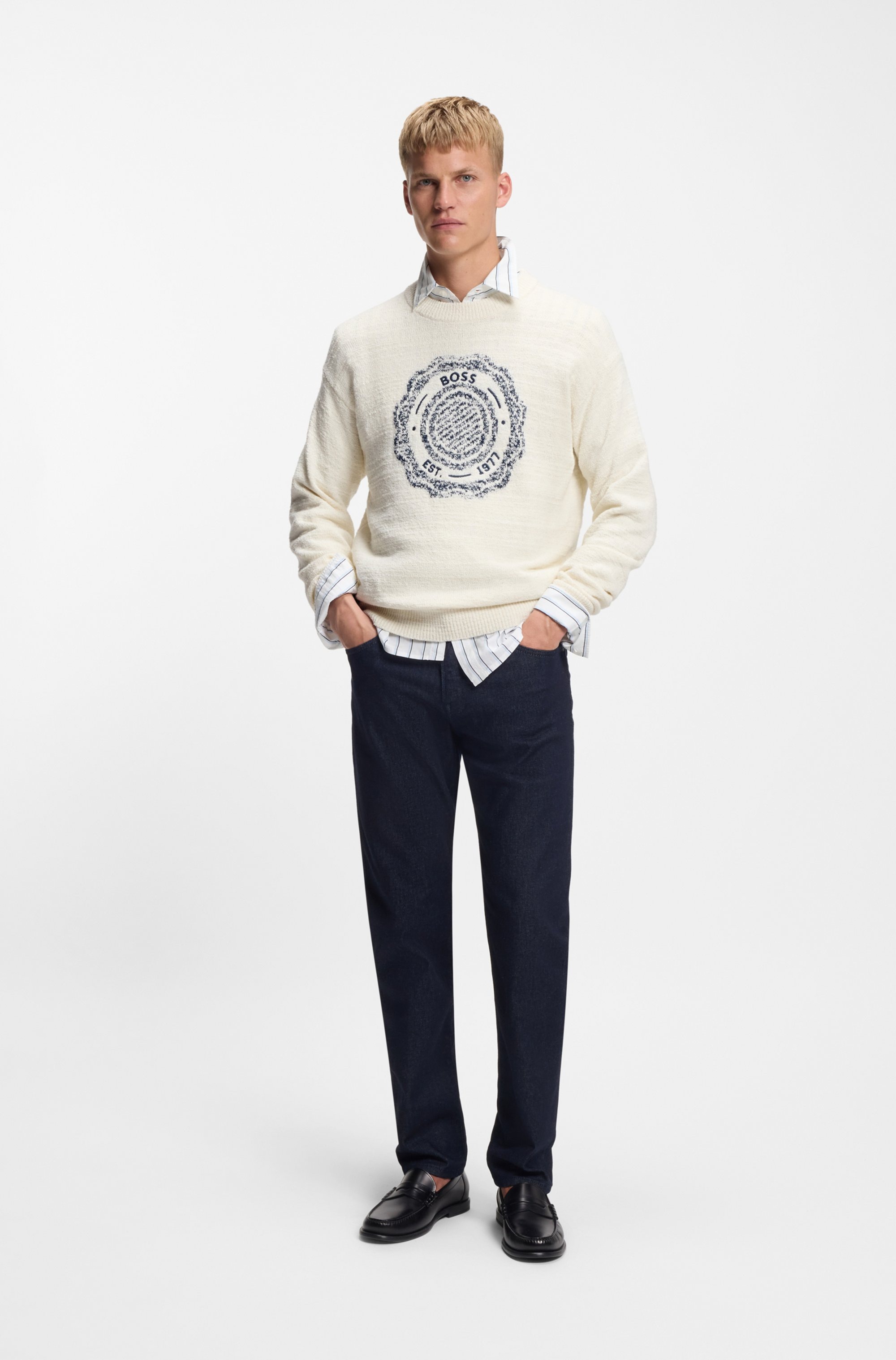 Strickpullover BOSS ORANGE "Kerbert", Herren, Gr. M, natural106, Strick, Obermaterial: 48% Wolle, 40% Baumwolle, 12% Polyamid, unifarben, regular fit normal, Rundhals, Bündchen, Pullover Strickpullover, Regular Fit, Rundhalsausschnitt, BOSS-Logo 2