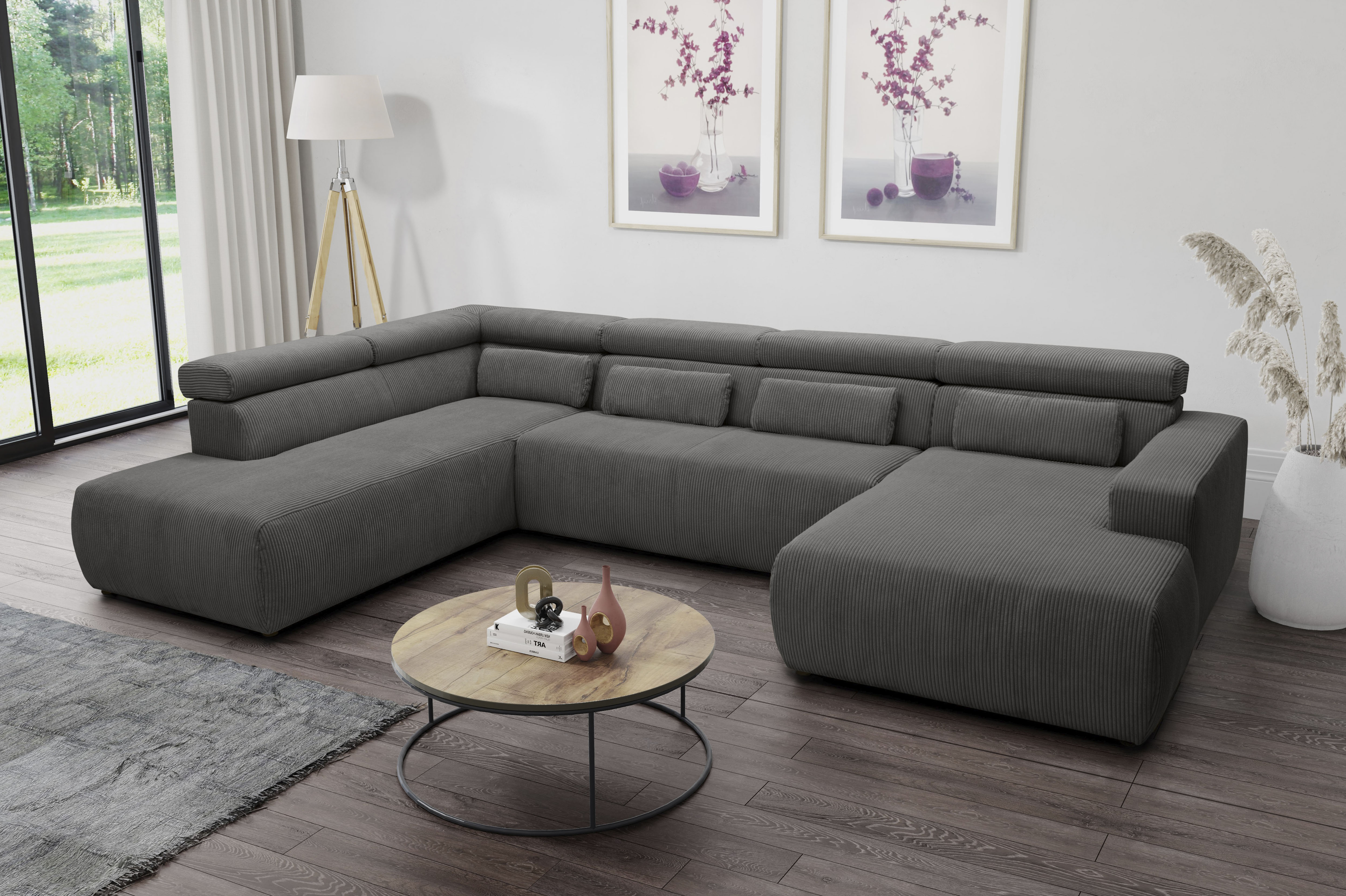 DOMO collection Wohnlandschaft "BRANDON whlw. mit Sitztiefenverstellung, whlw. Nierenkissen" mit Sitztiefenverstellung, Cord, grau