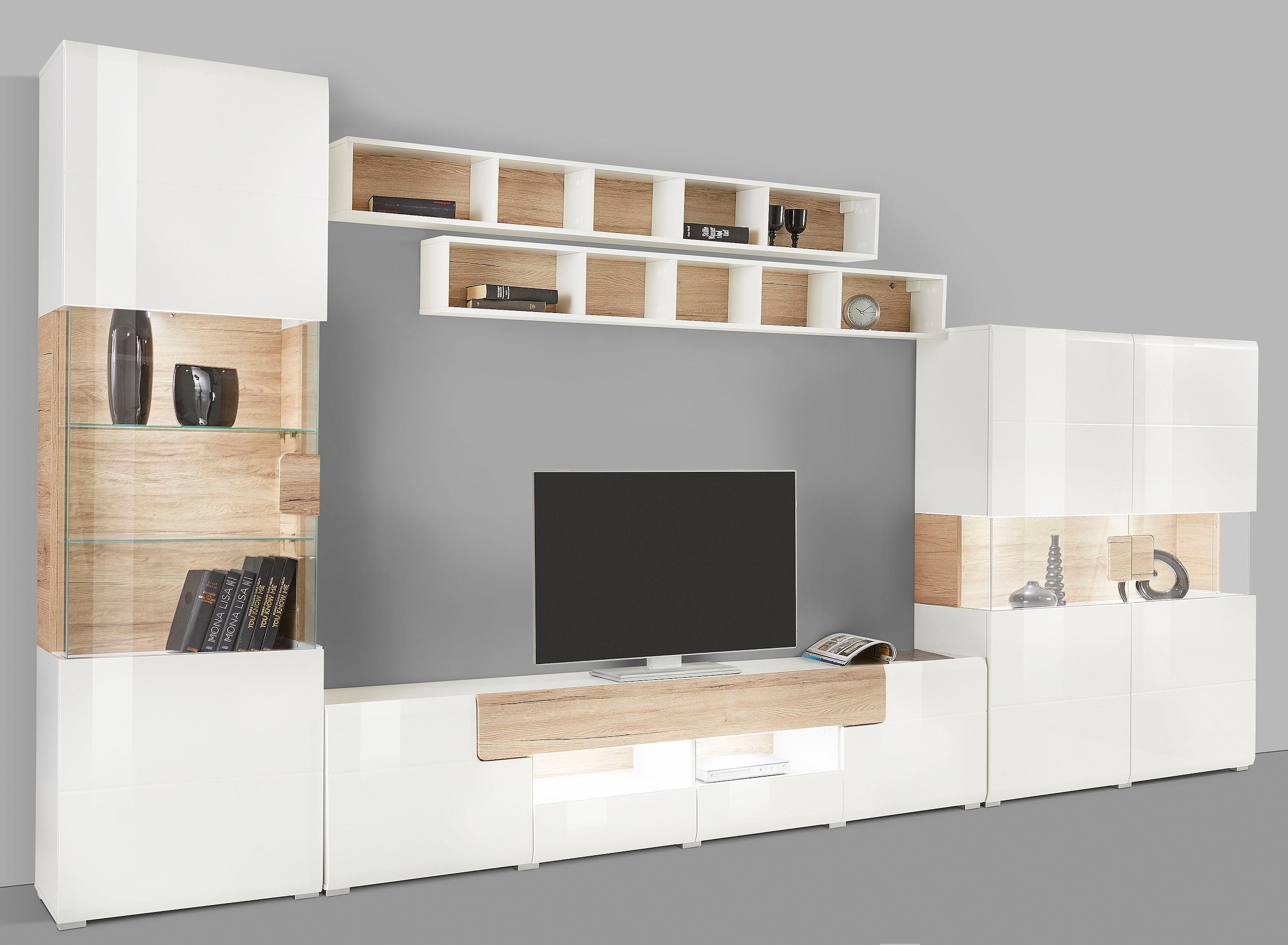 INOSIGN Wohnwand »Toledo,Breite 384cm stilvolle Mediawand ohne Beleuchtung«, (Set, 5 St.), Anbauwand(Vitrine,Lowboard,Highboard,2xHängeregal)MDF Hochglanzfronten