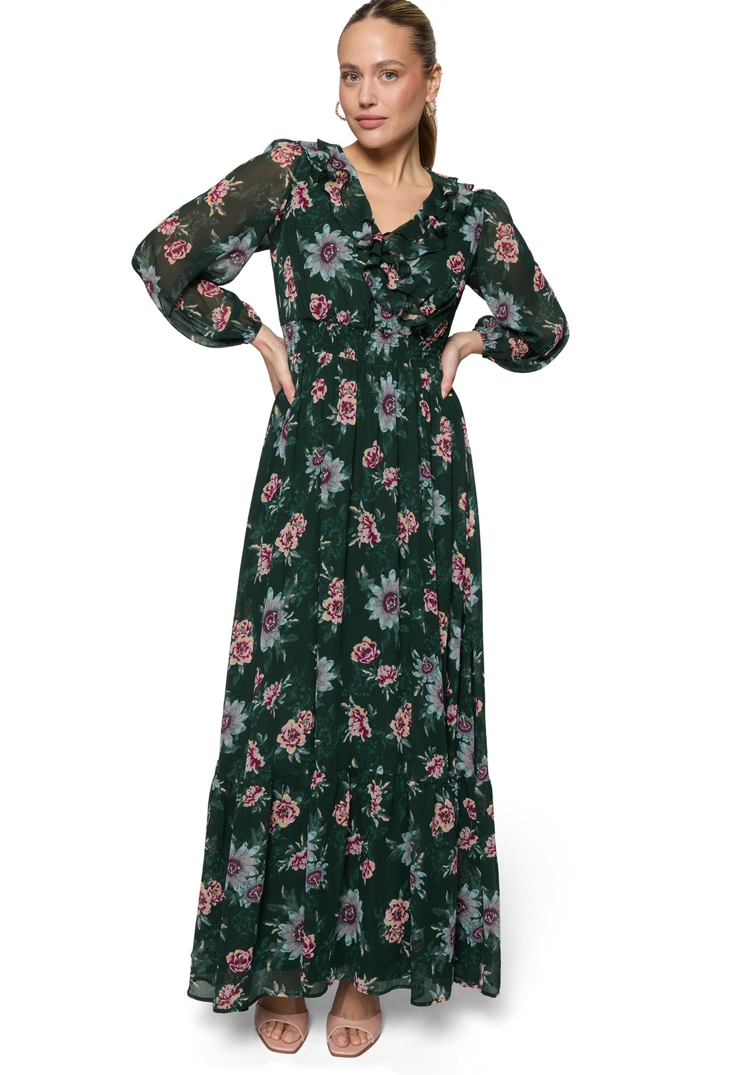 Maxikleid ZERO "Damen langarm mit Blumen", Damen, Gr. 36, Normalgrößen, dunkelgrün, pink, Chiffon, Obermaterial: 100% Polyester, bedruckt, A-Linie lang, V-Ausschnitt, Kleider Maxikleid, Rüschen 3