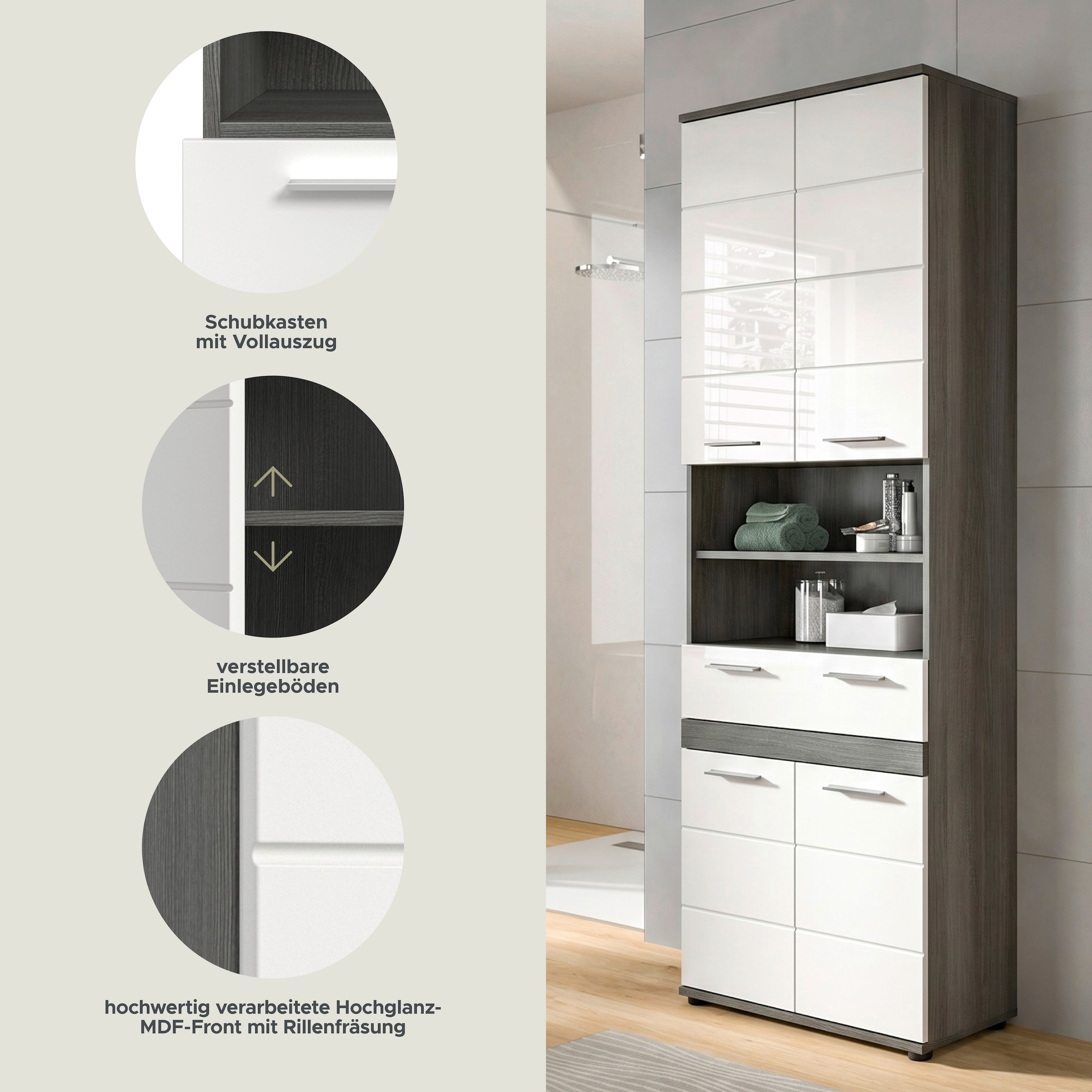 welltime Hochschrank »LUCCA, Breite 70cm, 4 Türen, 1 Schubkasten, 7 Fächer« Badschrank, Badmöbel, Badezimmer, Universalschrank, Mehrzweckschrank
