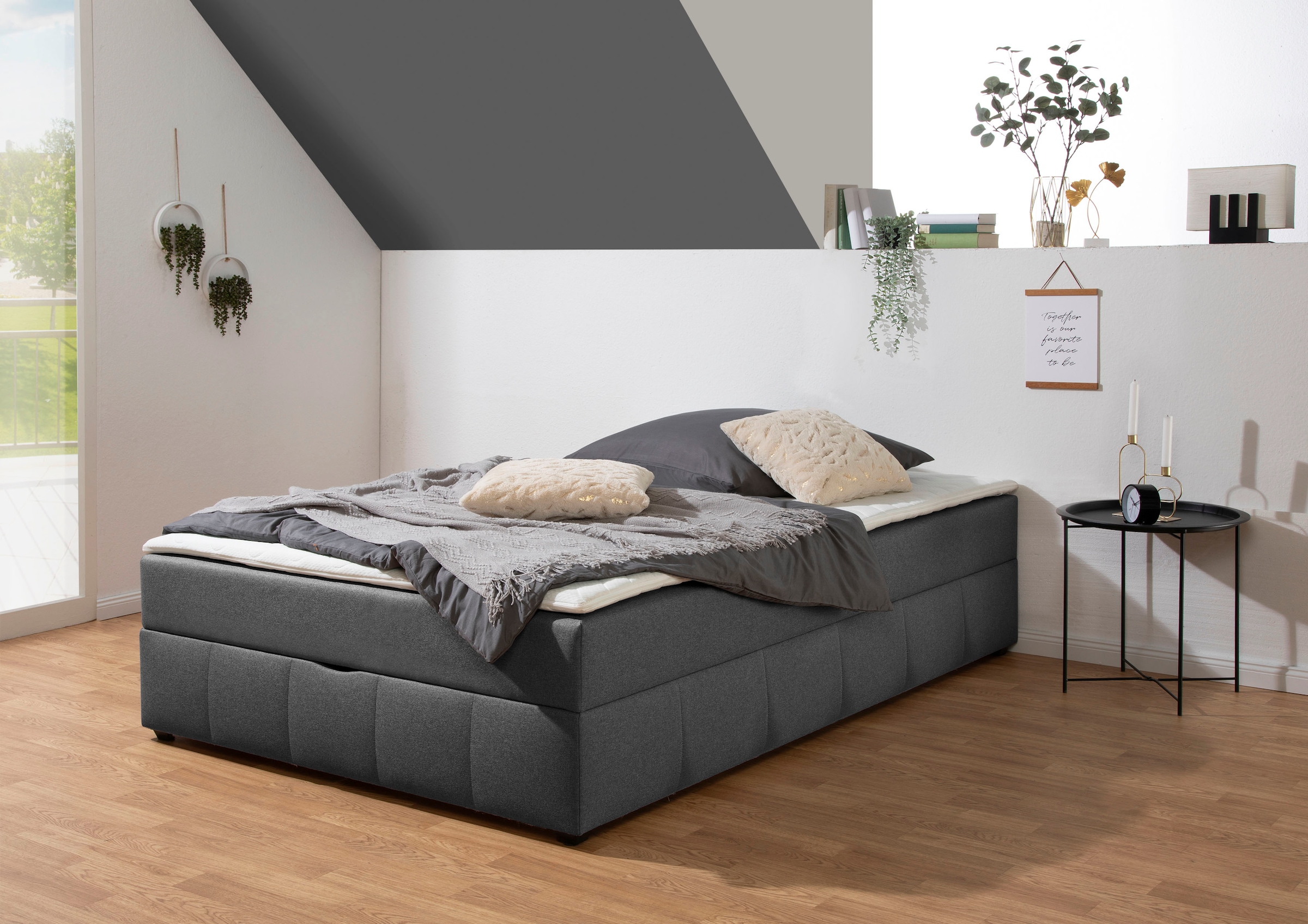 Boxbett HOME AFFAIRE "Niemes inkl. Bettkasten und Topper, auch in Überlänge erhältlich", anthrazit, B:144cm L:204cm, Komplettbetten, Boxbett ohne Kopfteil, inkl. Topper