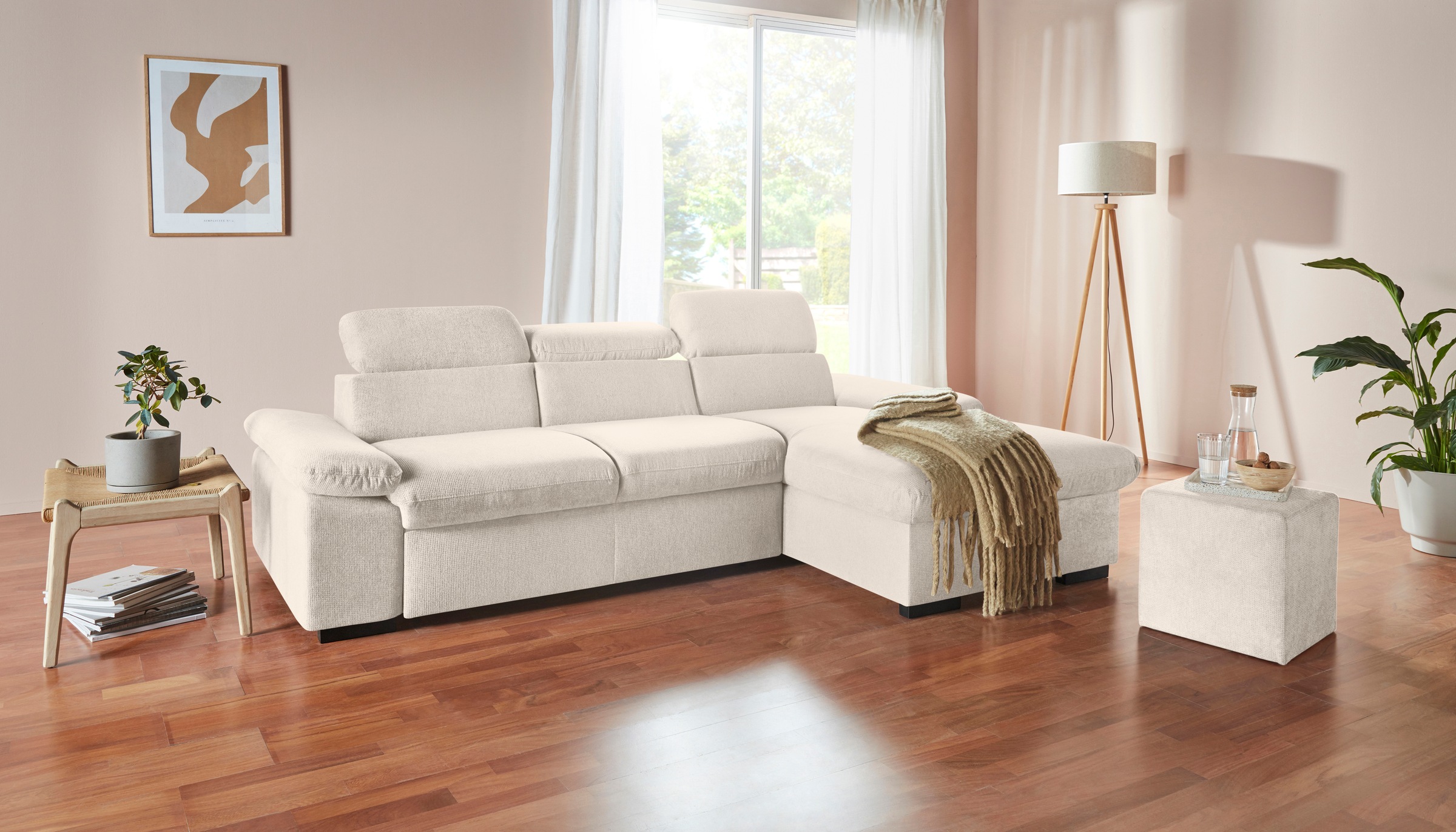 COTTA Ecksofa »Lola L-Form mit Kopfteilfunktion & Hocker«, (Set, mit Hocker), wahlweise mit Bettfunktion, Bettkasten & Armteilverstellung