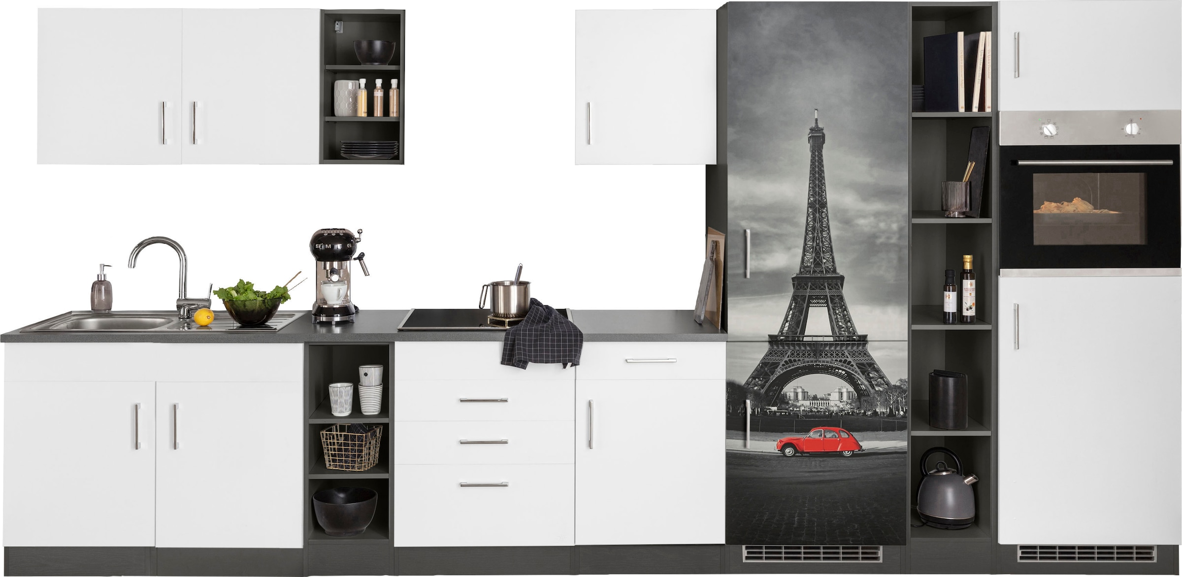 KOCHSTATION Küchenzeile "KS-Paris - Küchen mit einzigartigen Fotomotiven auf den Fronten" Breite 390 cm, wahlweise mit E-Geräten und Induktion