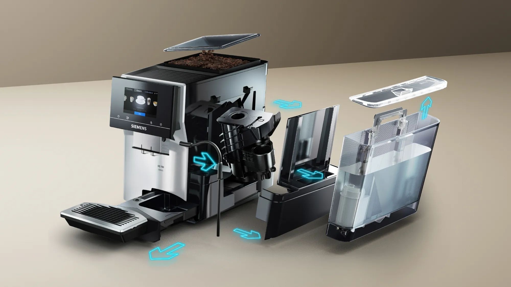 SIEMENS Kaffeevollautomat »EQ700 classic TP715D47, Cold Brew, intuitives 5" TFT-Display, App«, iaromaSelect, 10 Favoriten, autom. Dampfreinigung, silber metallic