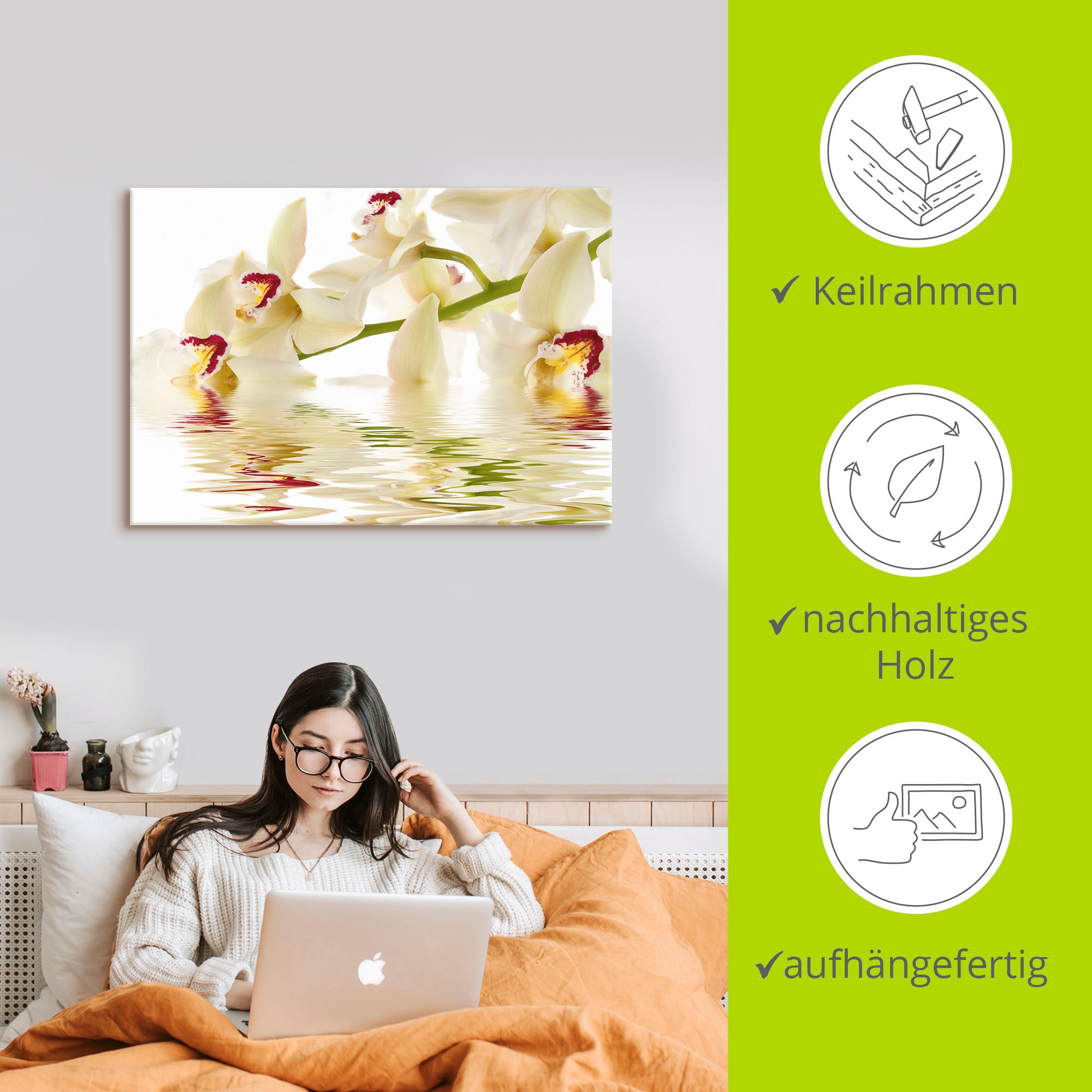 Artland Wandbild »Weiße Orchidee mit Wasserreflektion«, Blumen, (1 St.), als Leinwandbild, Poster in verschied. Größen