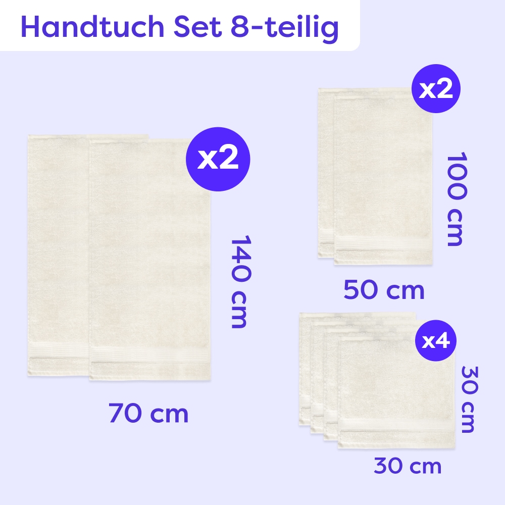 Wolkenfeld Handtuch Set »Premium Low-Twist Baumwolle 550 g/m² – 8-teilig mit Waschlappen« 8 tlg. Frottier 2 Badetücher, 2 Handtücher groß & 4 Waschlappen