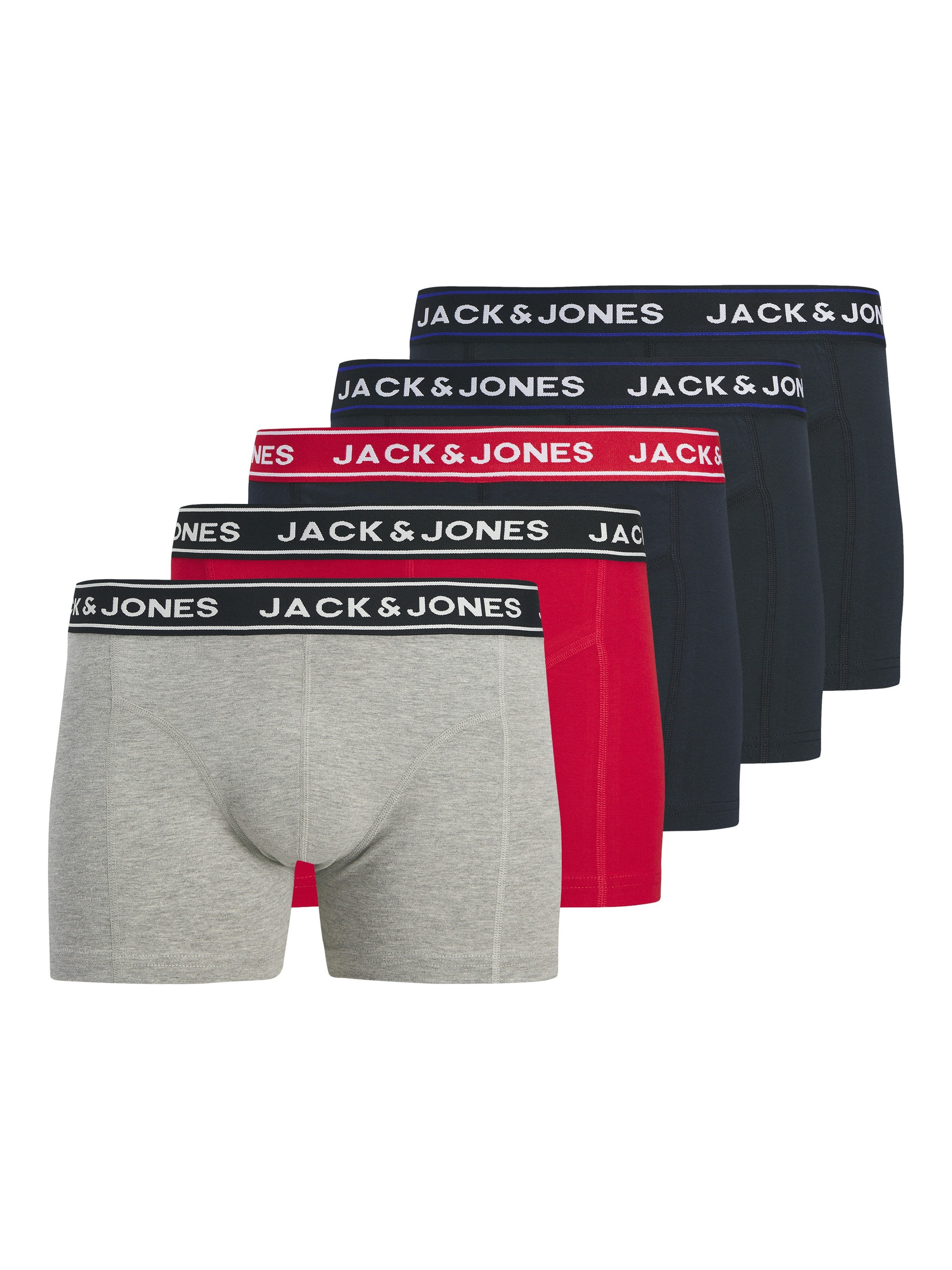 JACK & JONES Herren Trunk "JACHECTOR SOLID TRUNKS 5 PACK POLY", Gr. XXLlight grau melange pack:navy blazer, navy blazer, navy blazer, true rot,