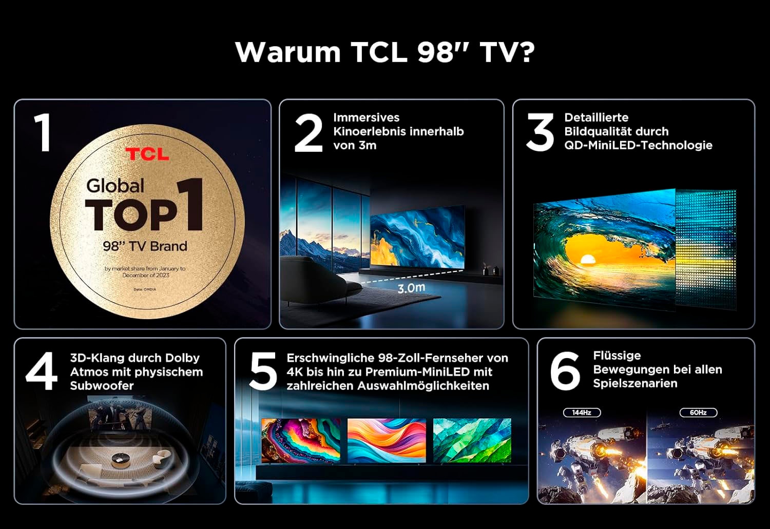 TCL Mini-LED-Fernseher »98C803X7«, 4K Ultra HD, Google TV-Smart-TV, QLED, Dolby Vision, Apple TV, Multi-HDR, Smart-TV, 144 Hz
