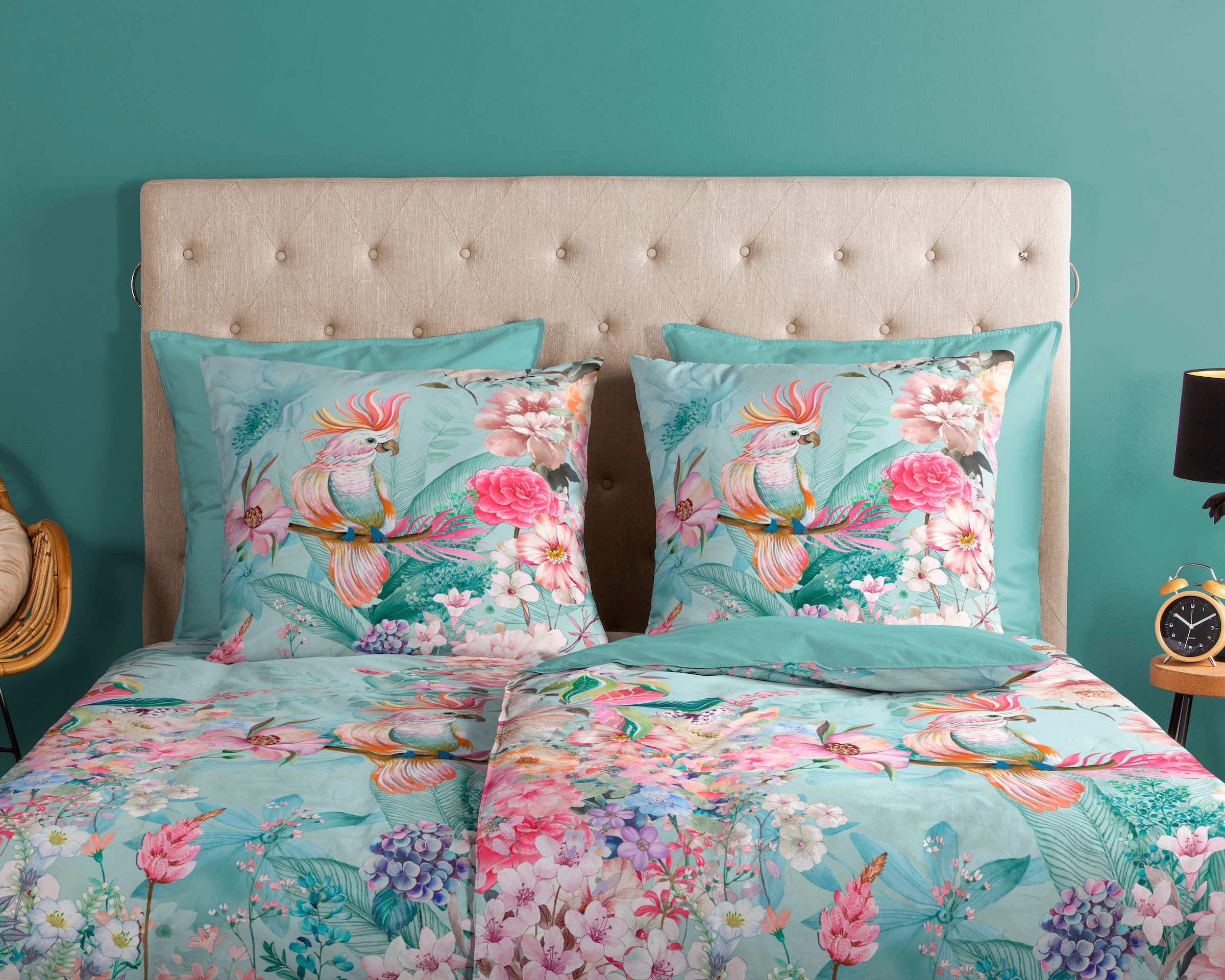 good morning Wendebettwäsche »Emmaa«, 100% Baumwolle, 155x220, Reißverschluss, Wendeoptik, Blumen, Türkis