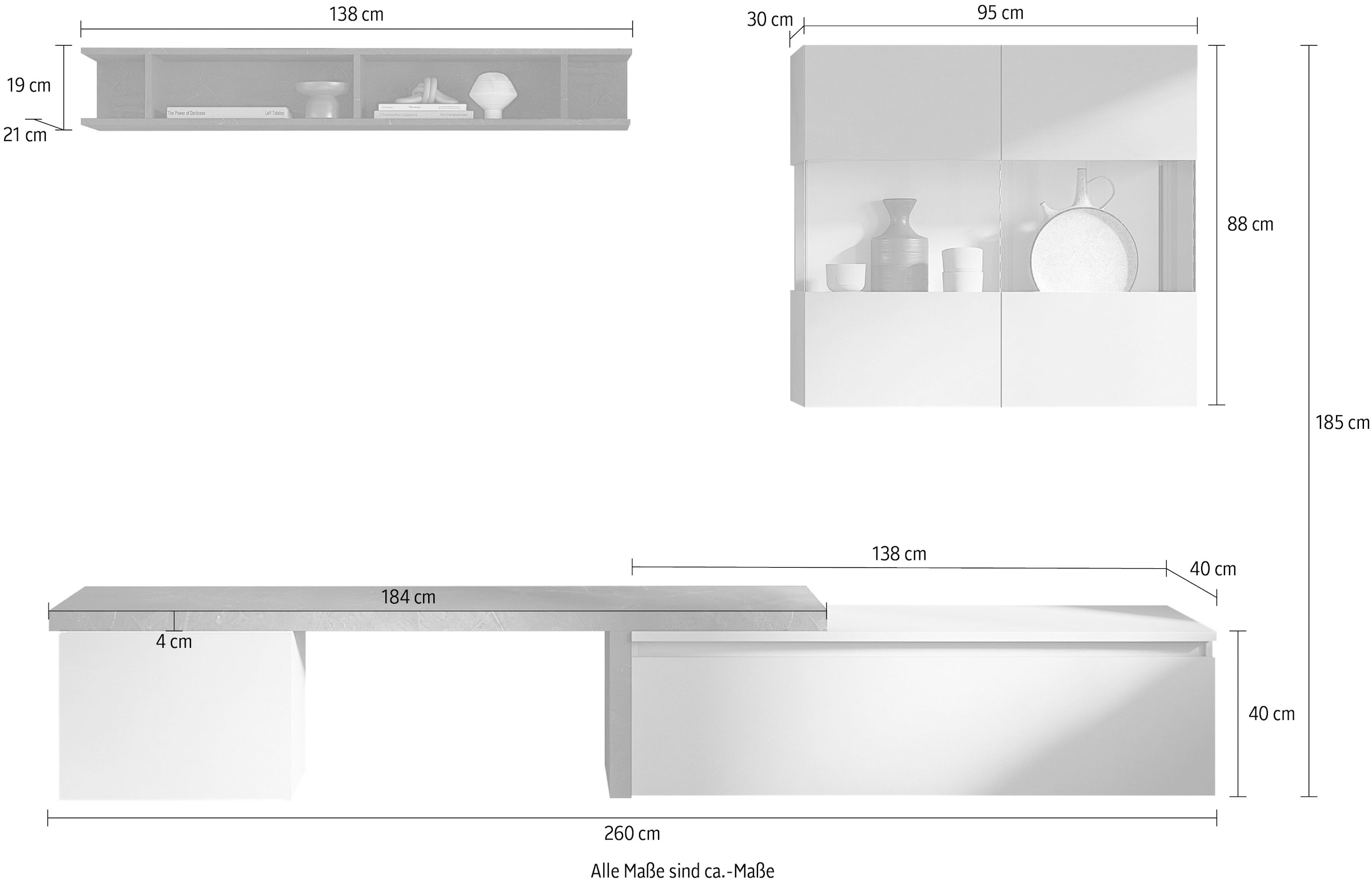 INOSIGN Wohnwand »INFINITY, 5tlg. Breite 260 cm, moderne Mediawand (Lowboard,«, (5 St.), T-Boden, Würfel-Element, Hängevitrine, Wandregal)