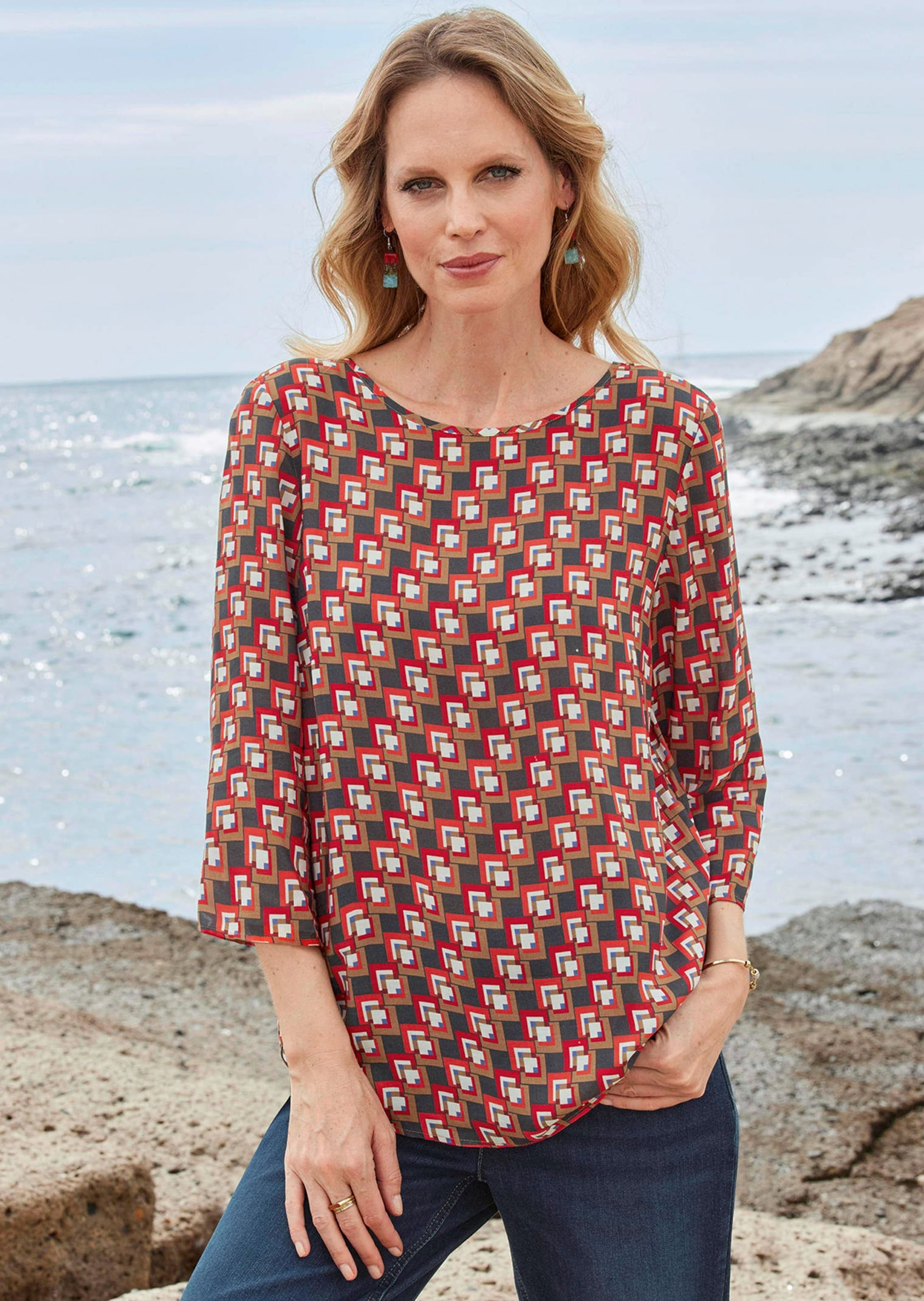 GOLDNER Schlupfbluse »Kurzgröße Bluse 3/4-Arm mit grafischem Druck«