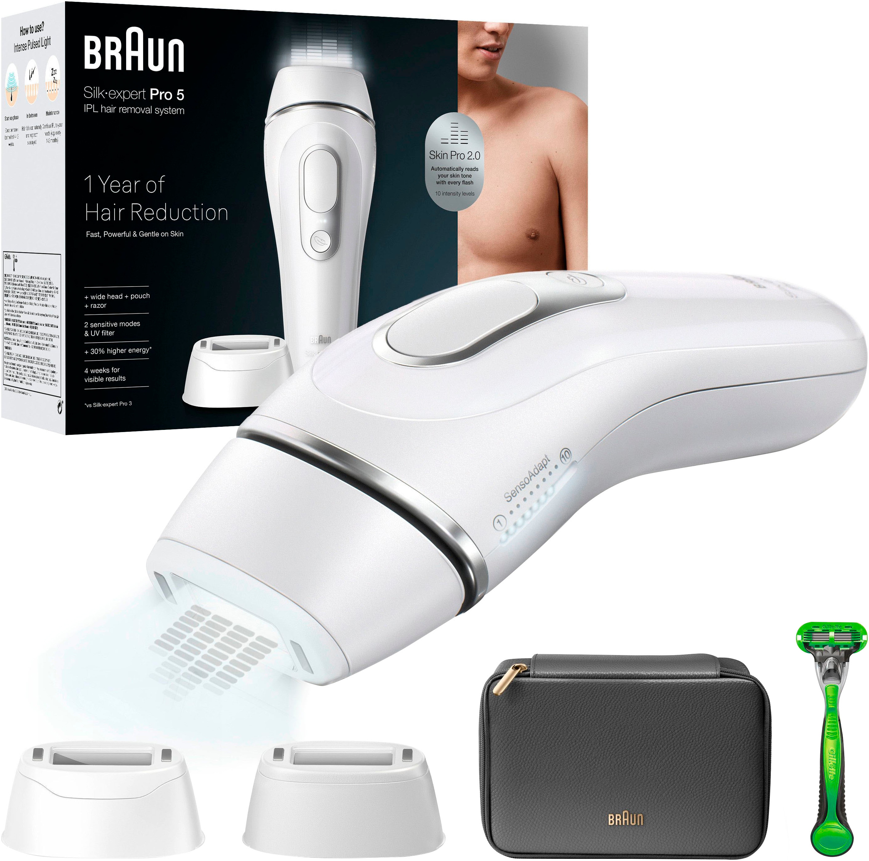 BRAUN Damen IPL-Haarentferner "Silk·expert Pro 5 PL5145", gold, IPL-Haarentferner, für Männer, 2 Aufsätze & 1 Gillette Rasierer, Aufbewahrungstasche